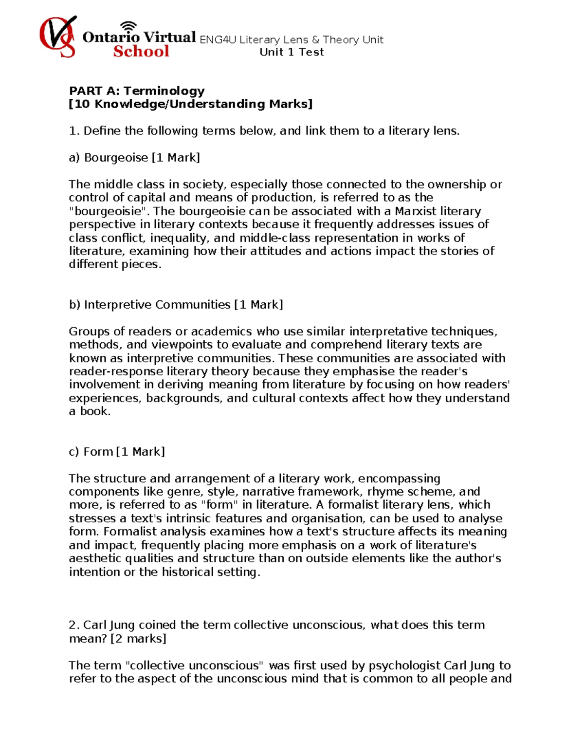 ENG4U Unit 1 Test: Literary Lens & Theory Insights - Studocu
