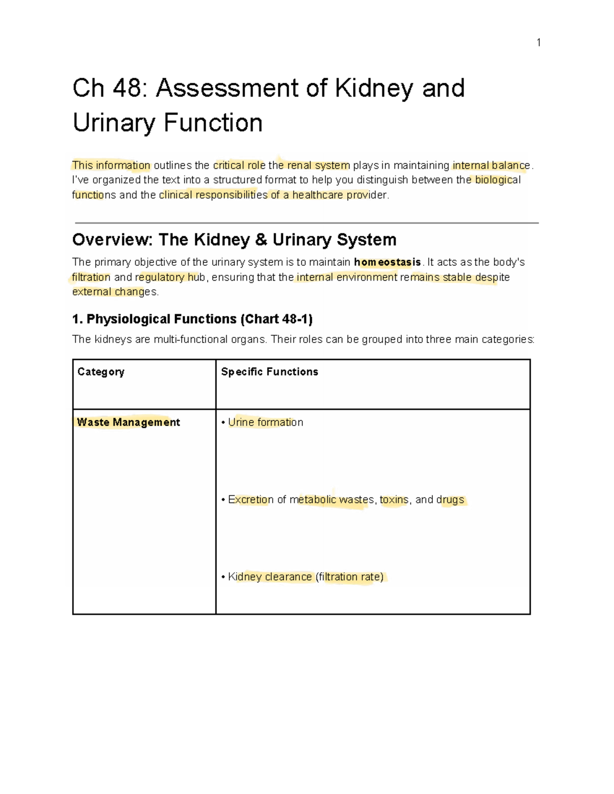 1 Ch 48: Assessment of Kidney & Urinary Function Overview - Studocu