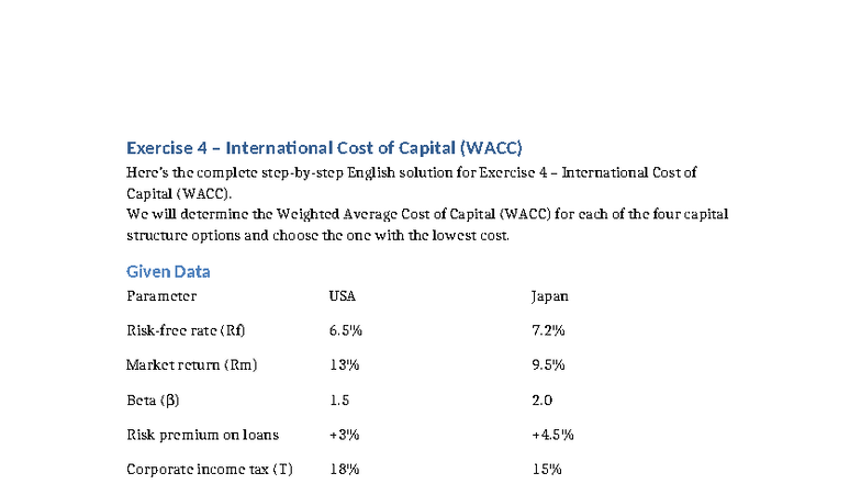 Exercise 4 WACC Calculation: Complete English Solution - Studocu