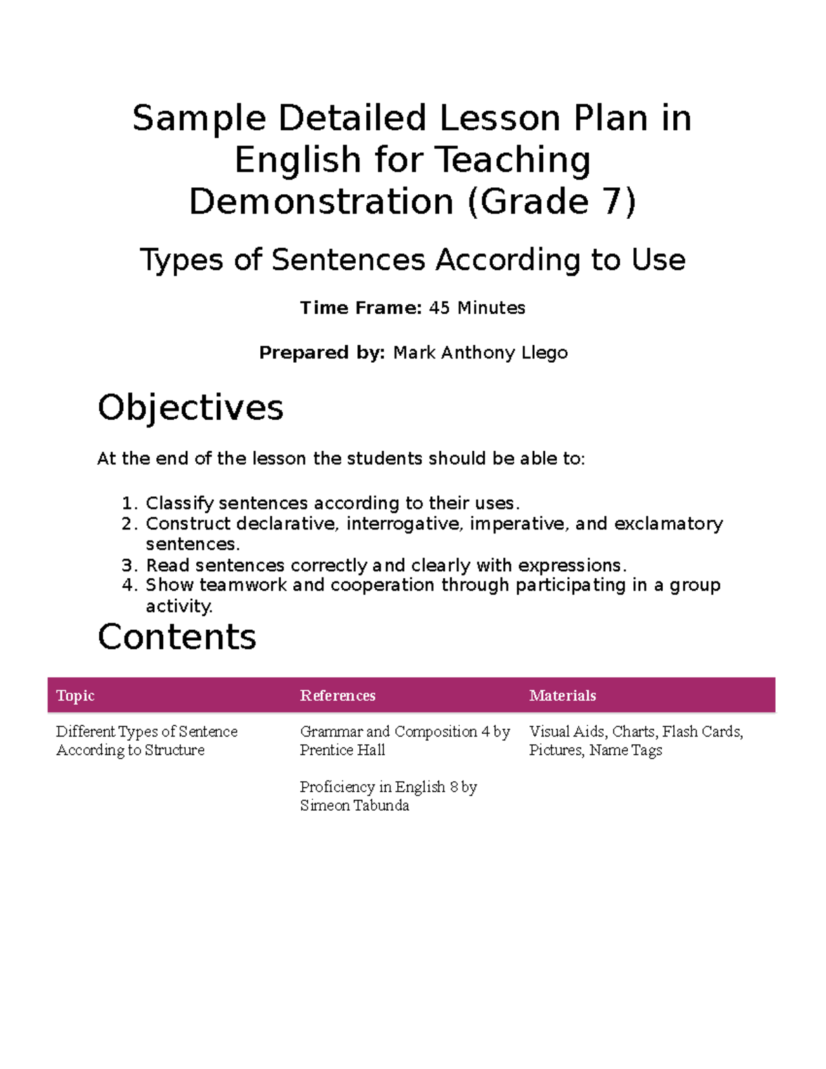 Detailed Lesson Plan on Types of Sentences (Grade 7) - Teaching Demo ...