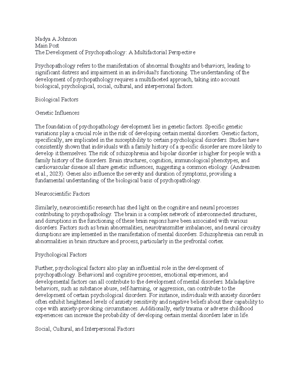 PSY 101 Week 1 Discussion: Understanding Psychopathology Development ...