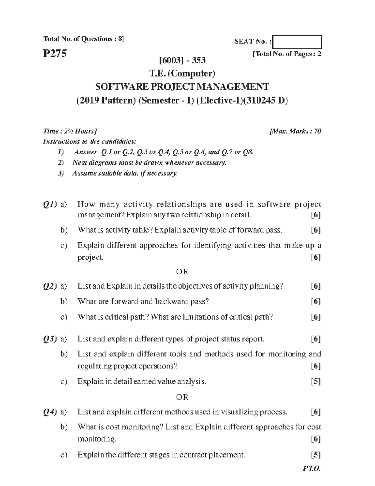 T.E. (Computer) Software Project Management Q2 Paper (2019 Pattern ...