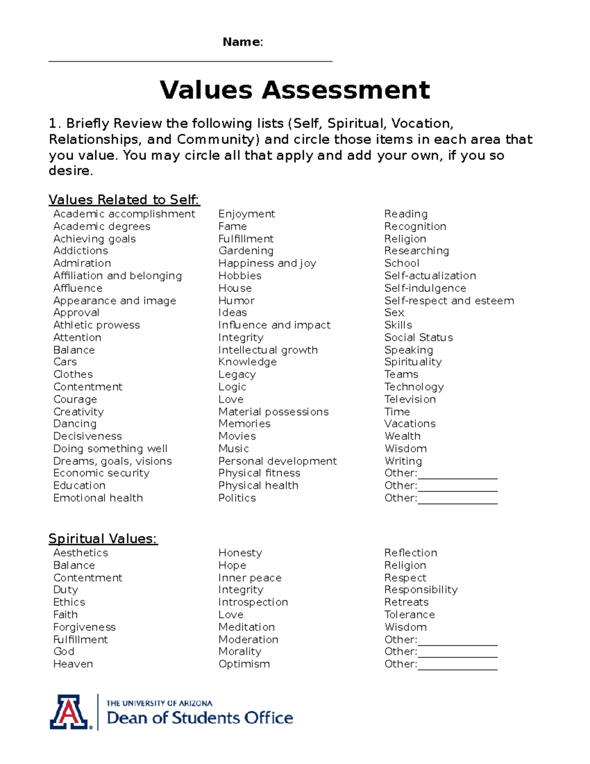 PR - Values Assessment - Name ...