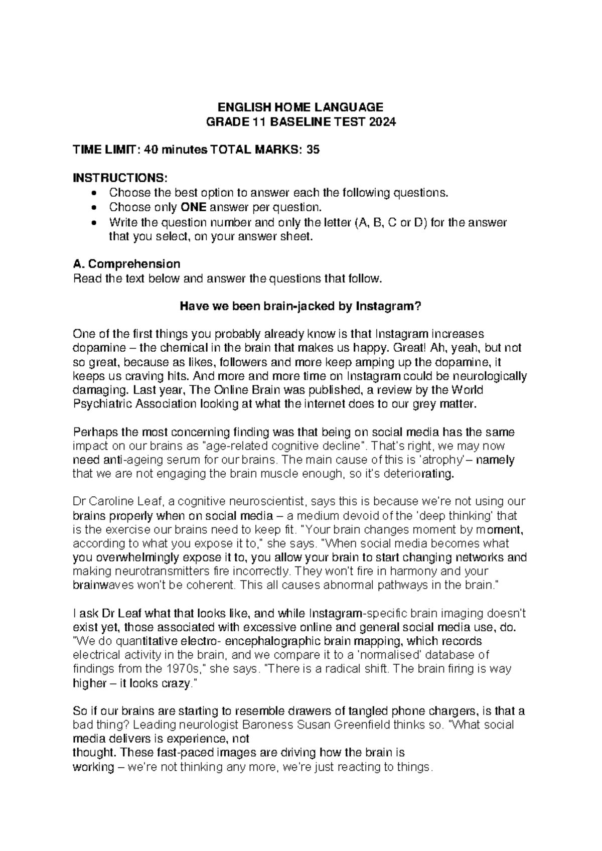 ENGLISH HL GRADE 11 BASELINE TEST NOTES 2024 - Studocu
