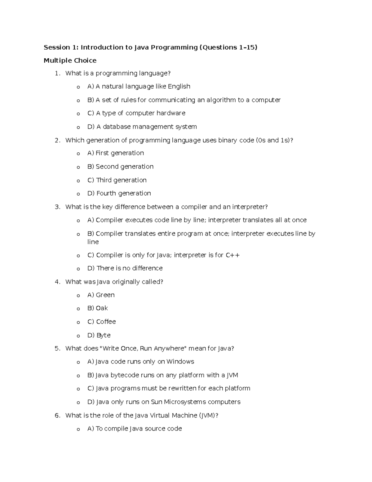 Revision Questions for Java Programming (Session 1-5) - Studocu