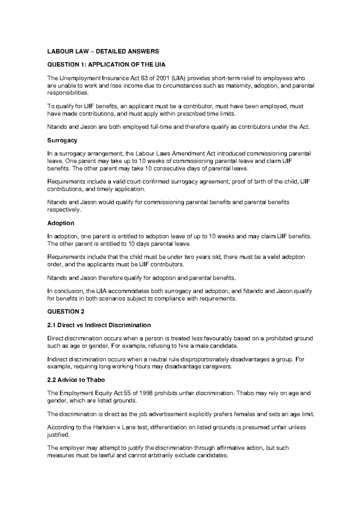 LABOUR LAW DETAILED ANSWERS: UIA & DISCRIMINATION ANALYSIS - Studocu