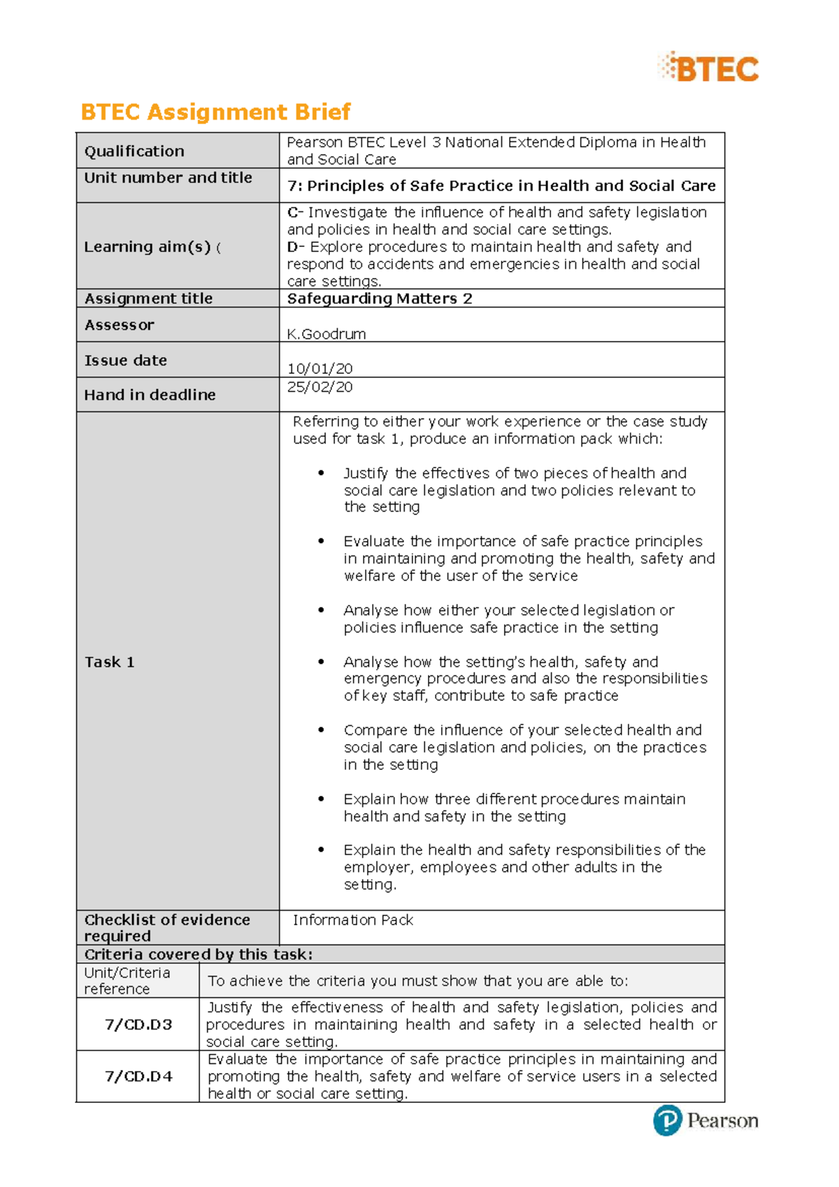 U7 assignment brief 2 new - BTEC Assignment Brief Qualification Pearson ...