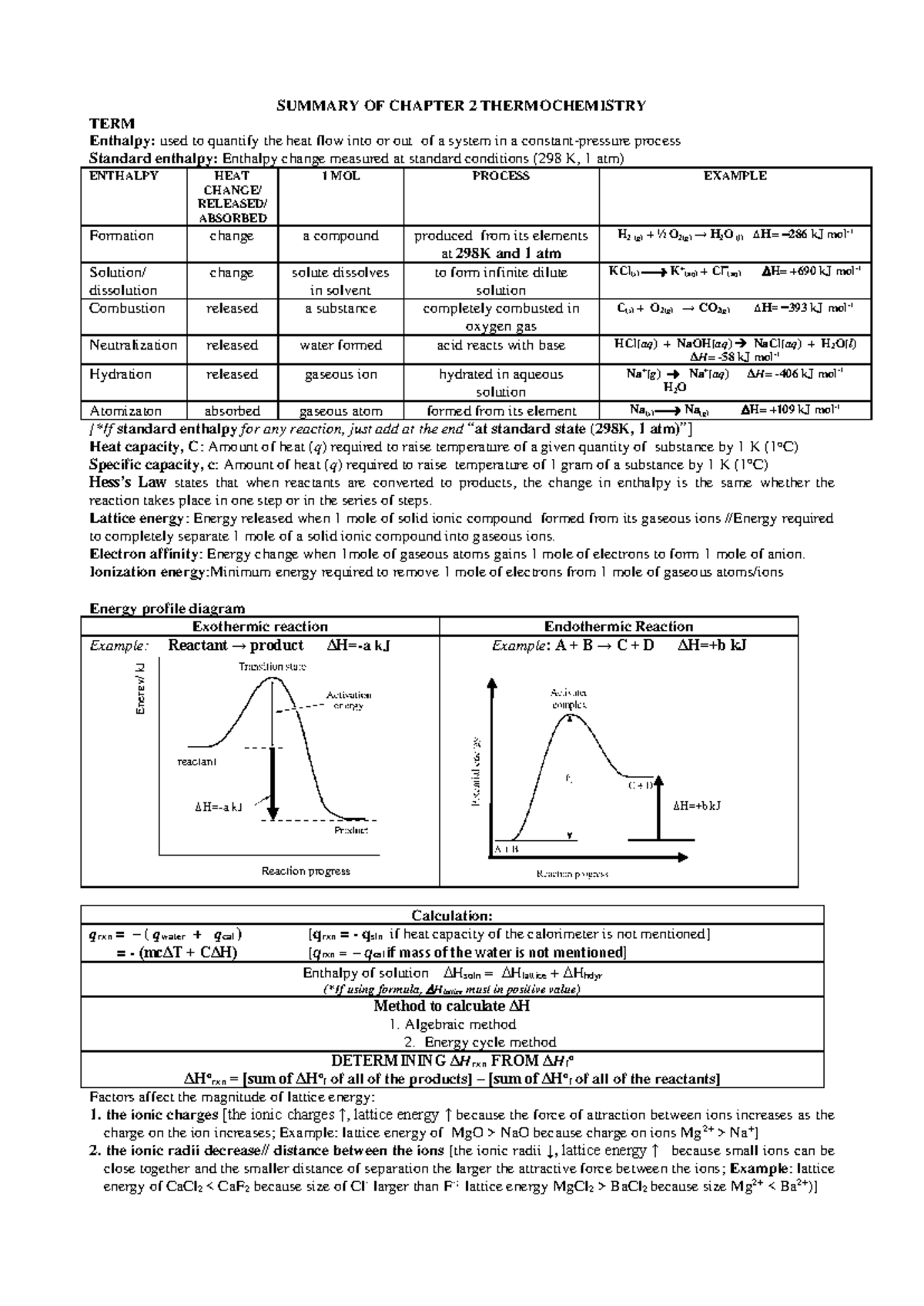 SK025 Summary of Chapter 2: Key Concepts in Thermochemistry - Studocu