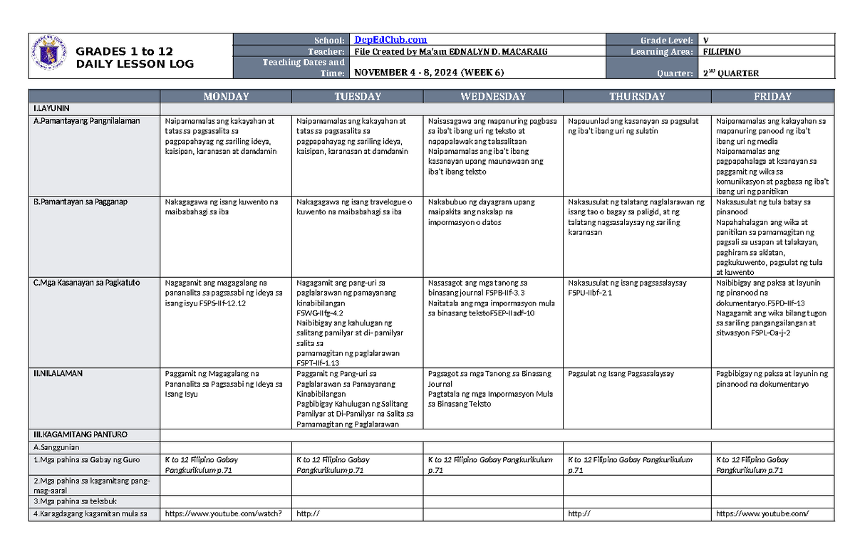 DLL Filipino 5 Q2 W6 - DLL - GRADES 1 to 12 DAILY LESSON LOG School ...