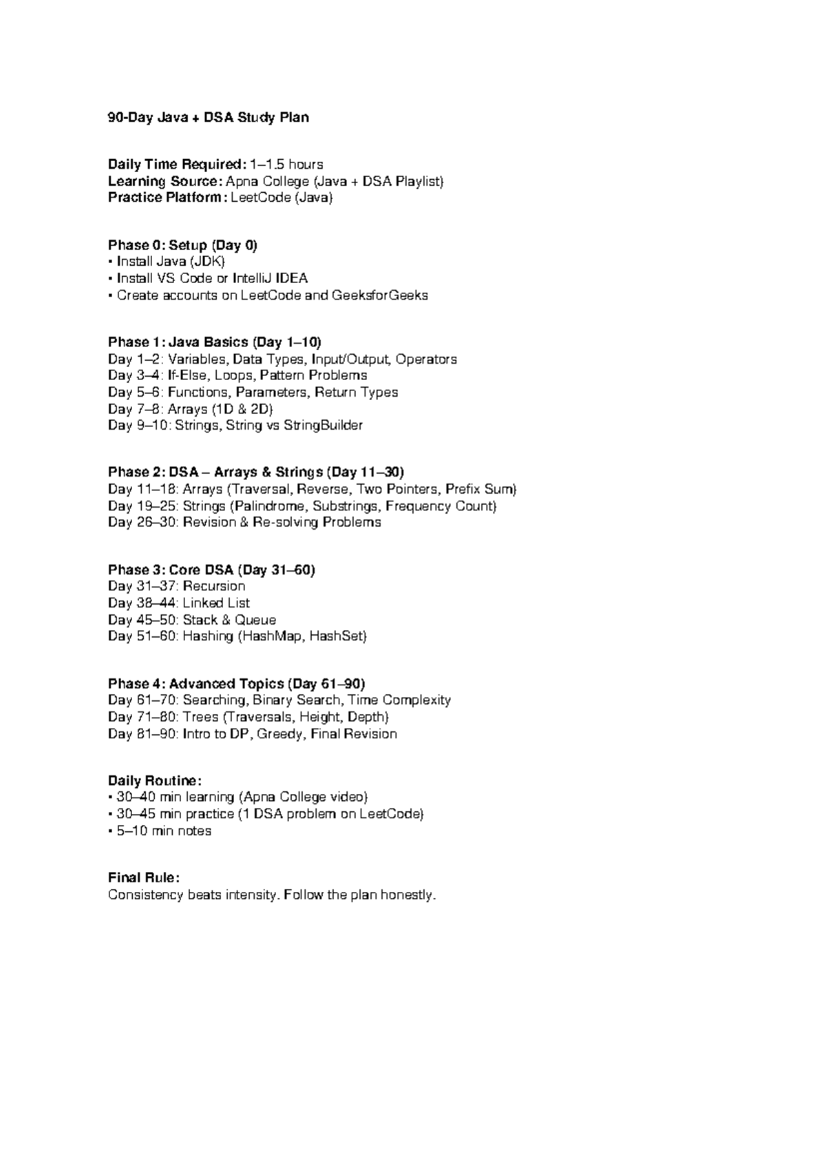 Java DSA 90-Day Study Plan - Daily Schedule & Notes - Studocu