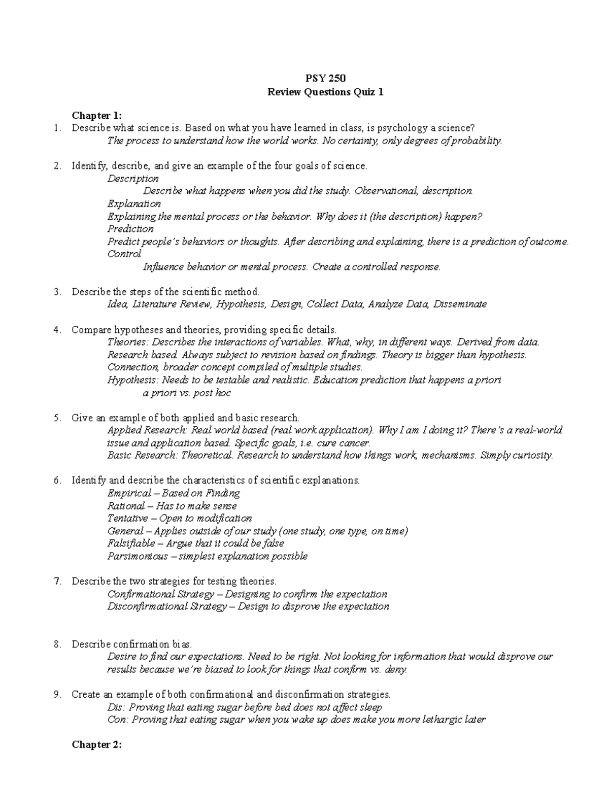 PSY 250 Quiz 1 Review: Key Concepts from Chapters 1 & 2 - Studocu