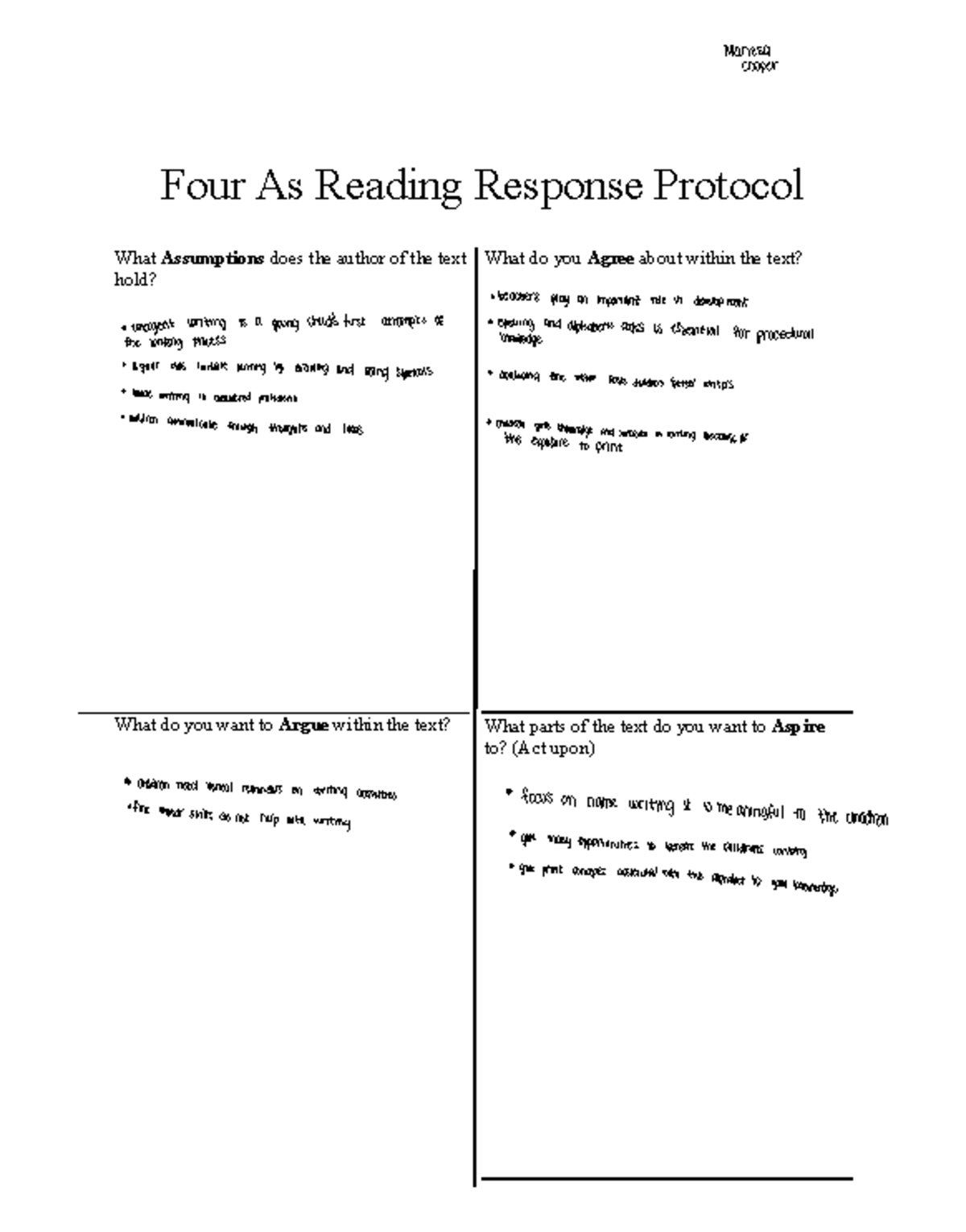 Four As Reading Response Protocol - . . • fine motor skills do not help ...