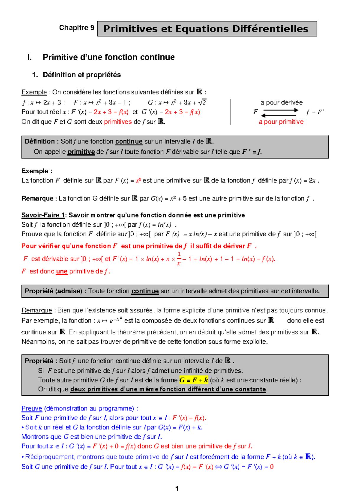 Chap 9: Primitives et Équations Différentielles - Notes et Définitions ...
