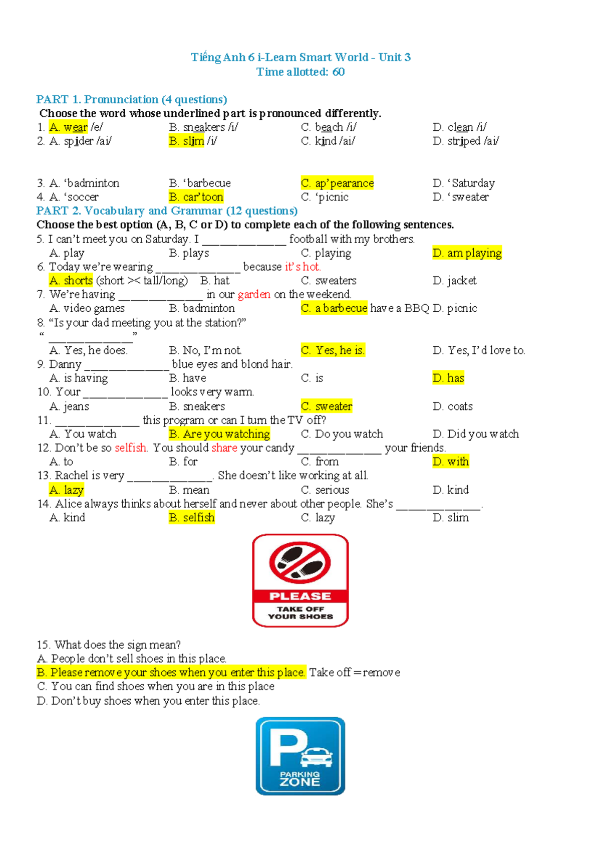Tiếng Anh 6 Smart World Unit 3 Practice Test - Studocu
