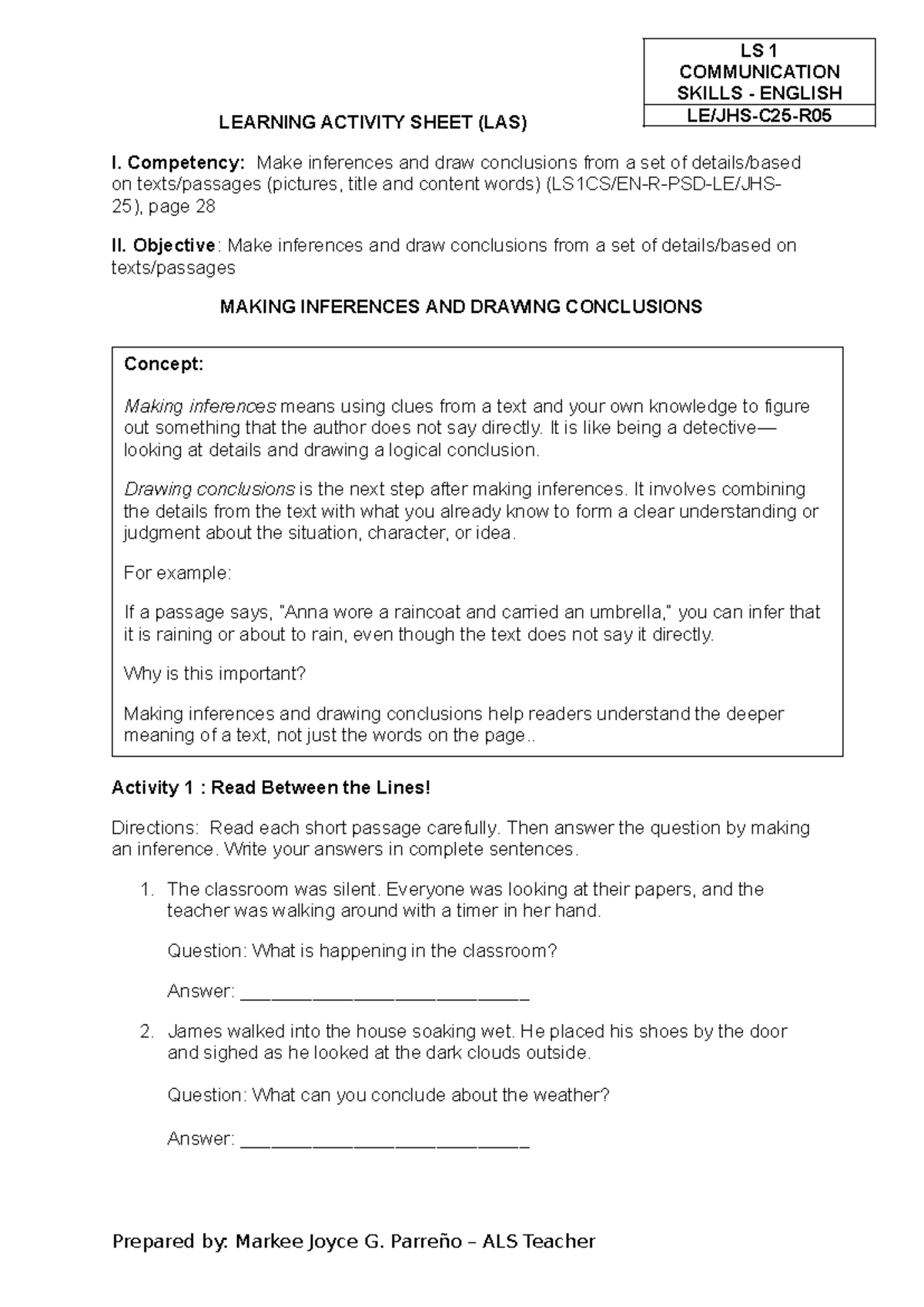 JHS05 - Learning Activity Sheet: Making Inferences & Conclusions - Studocu