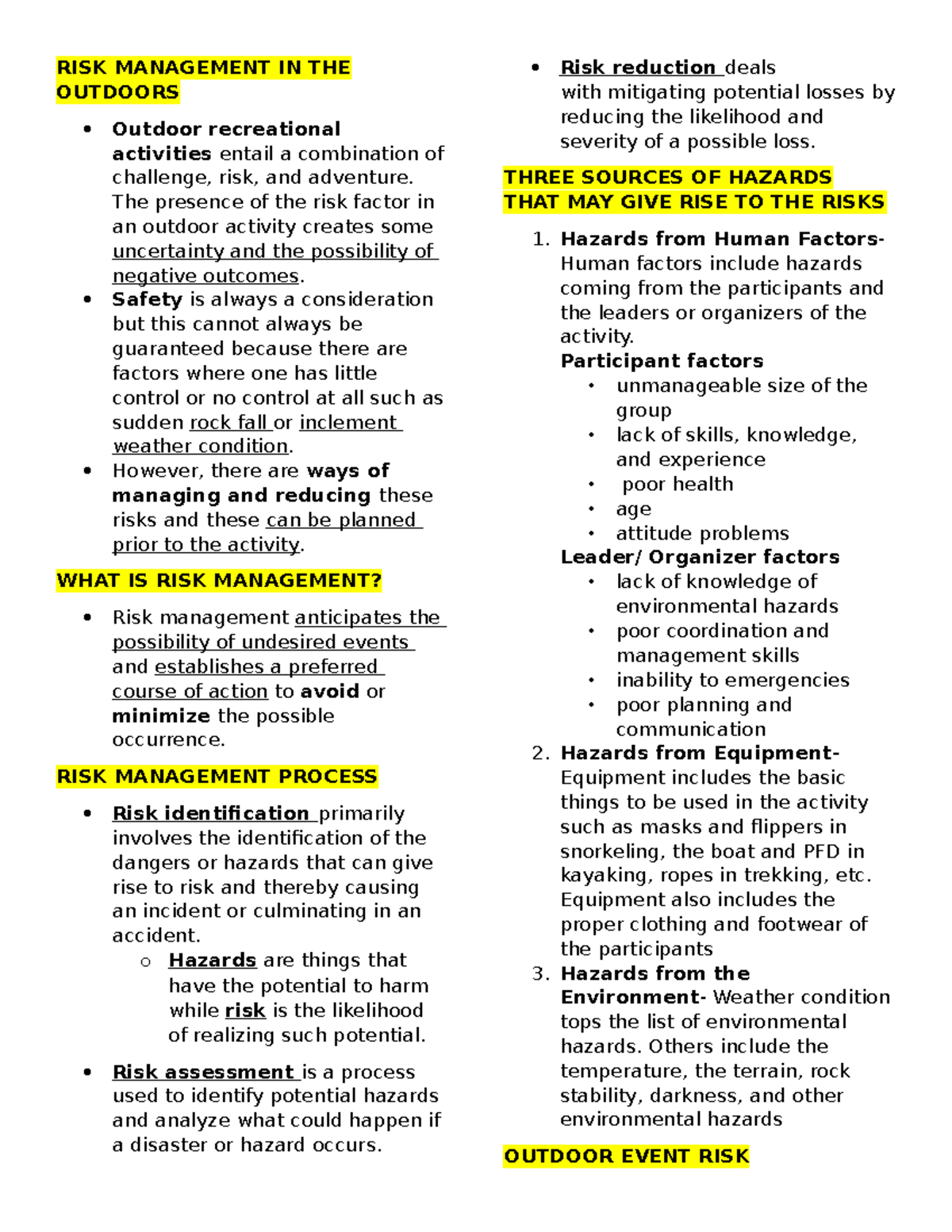 Risk Management Strategies for Outdoor Activities (P-Story) - Studocu