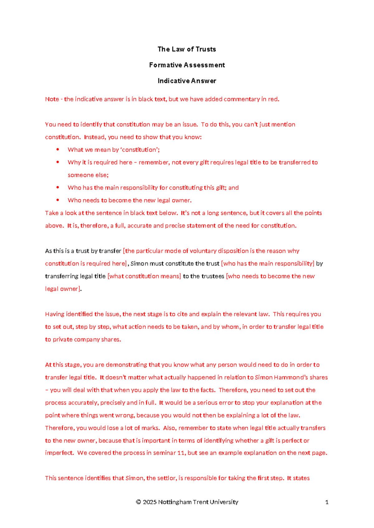 Law of Trusts (2025) Formative Assessment Indicative Answer - Studocu