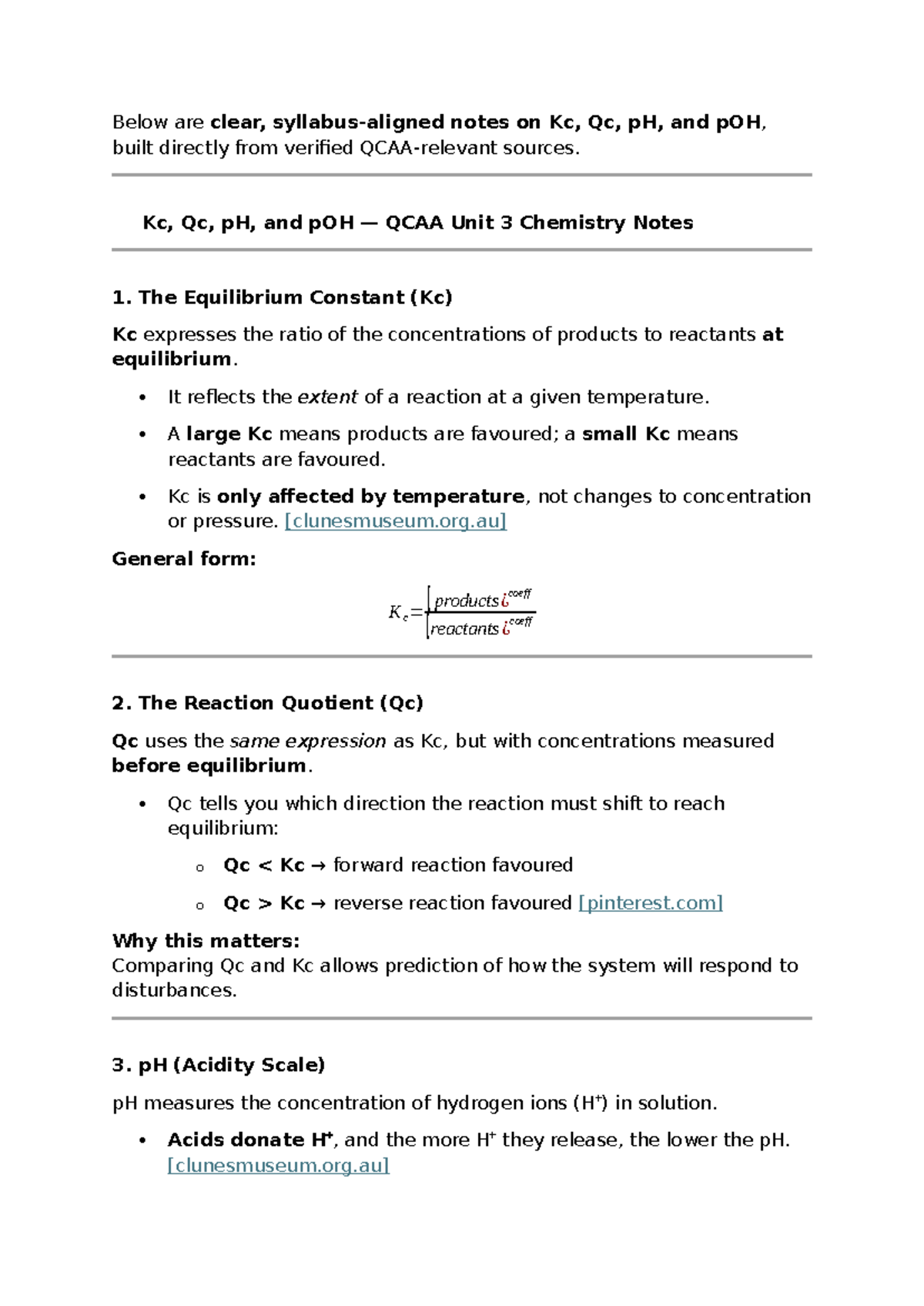 QCAA Unit 3 Chemistry Notes: Kc, Qc, pH, and pOH Explained - Studocu