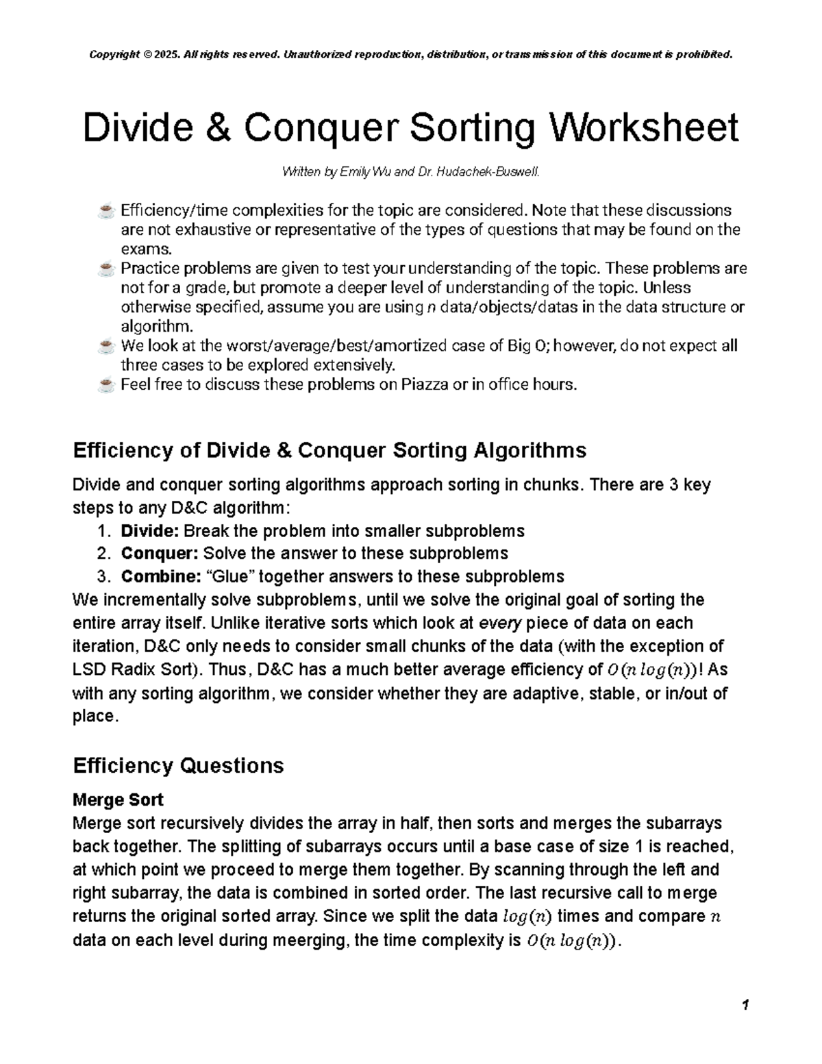 Divide and Conquer Sorting Worksheet (CS101) - Studocu