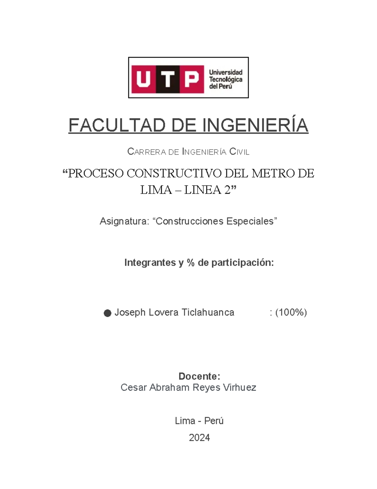 Proyecto Final: Proceso Constructivo Línea 2 Metro Lima (Ing. Civil) - Document Preview