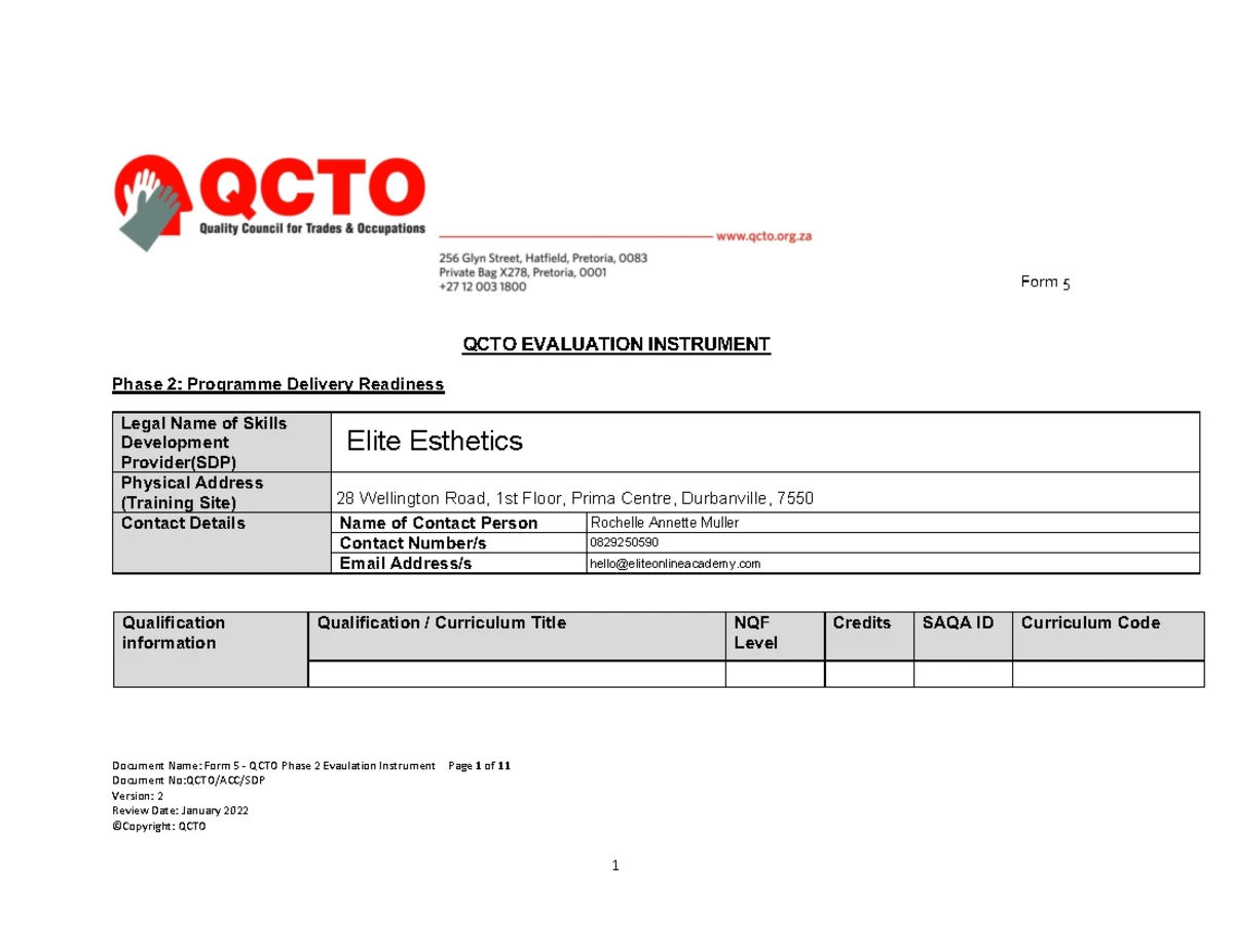 Form 3 - Implementation Plan for Occupational Qualifications - Studocu