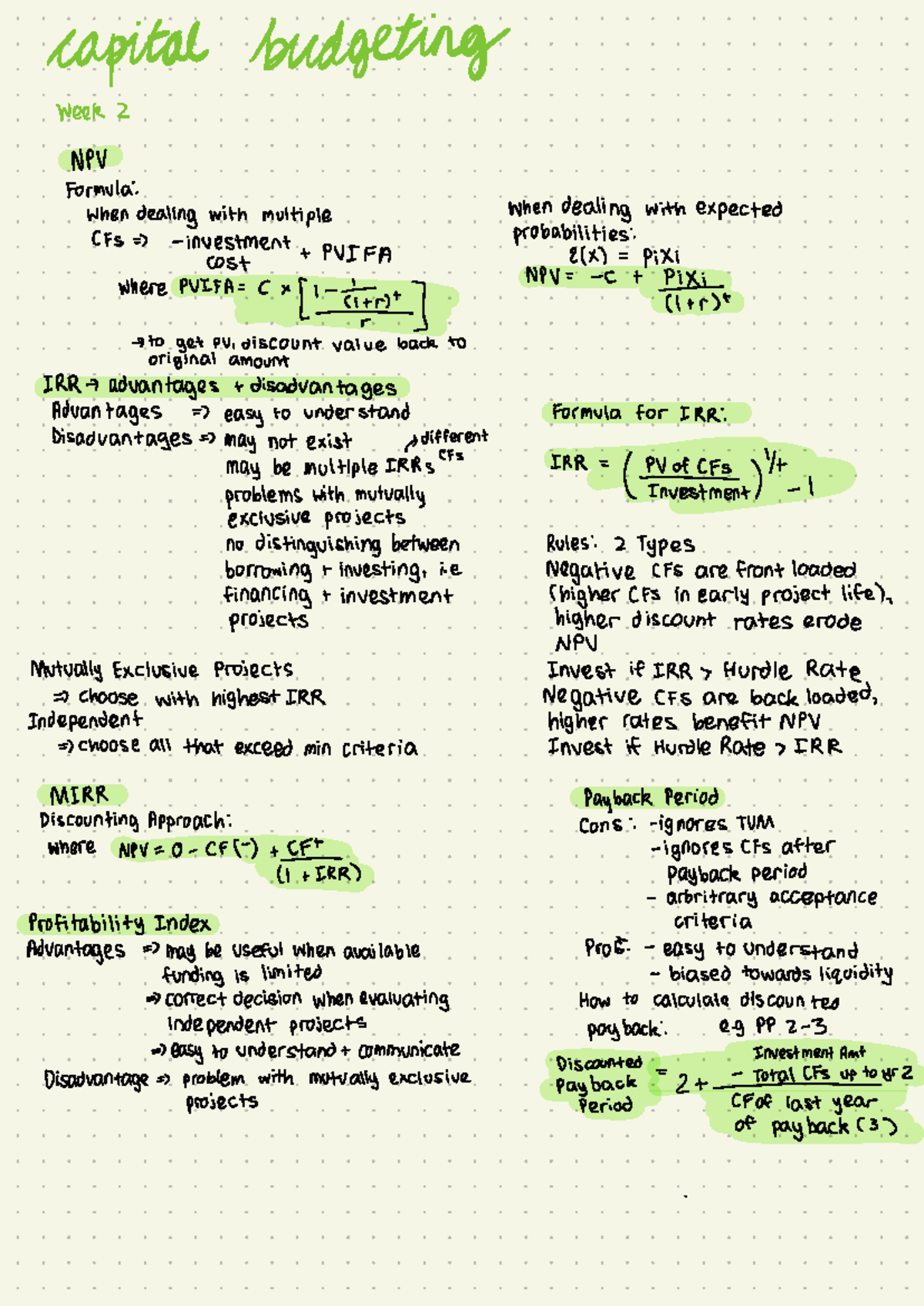 FINC206 Week 2-6 Capital Budgeting & Leverage Notes - Studocu