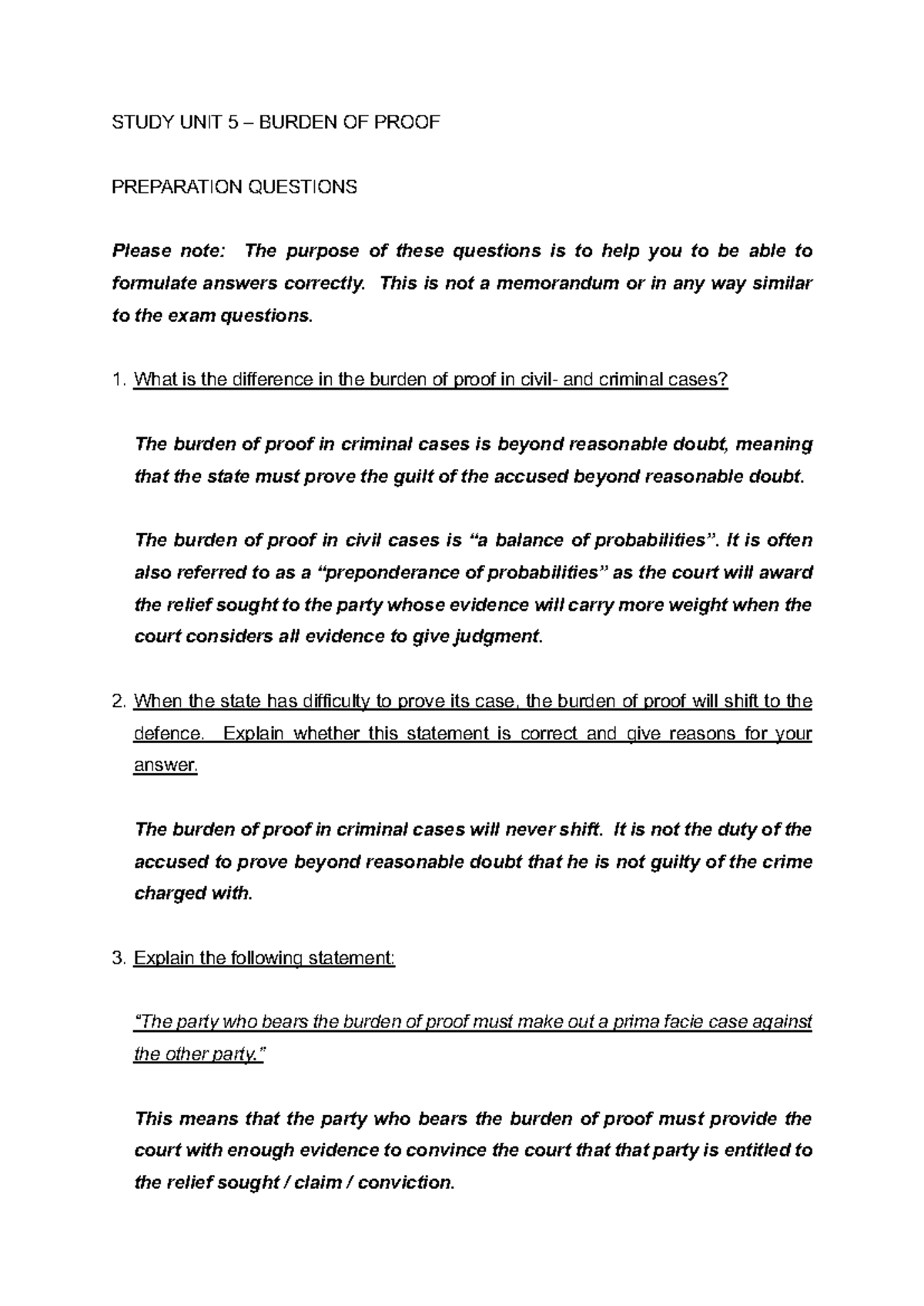 Study UNIT 5 Burden OF Proof Practice Questions - STUDY UNIT 5 – BURDEN ...