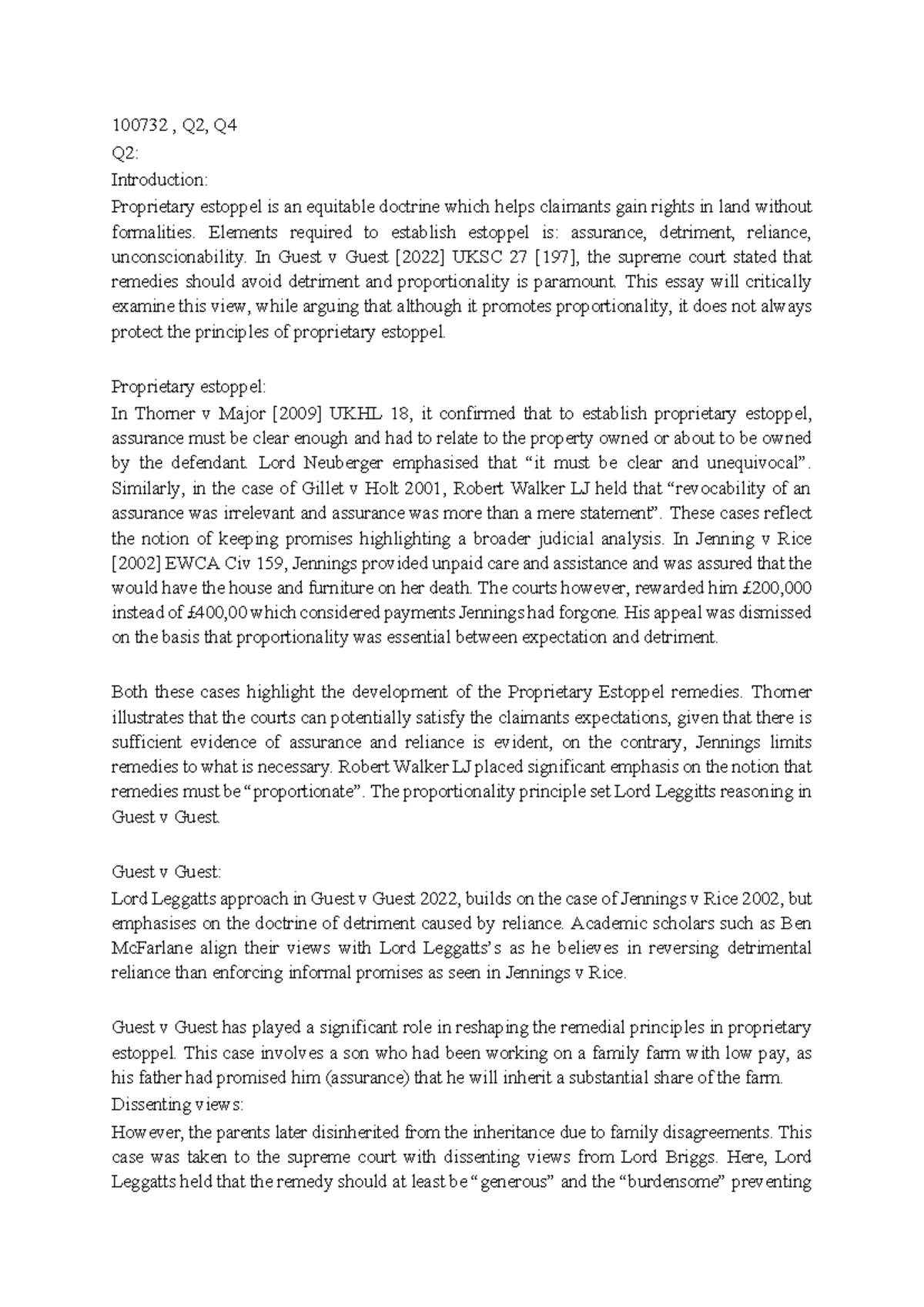 Land Law 100732: Critical Analysis of Proprietary Estoppel Cases - Studocu