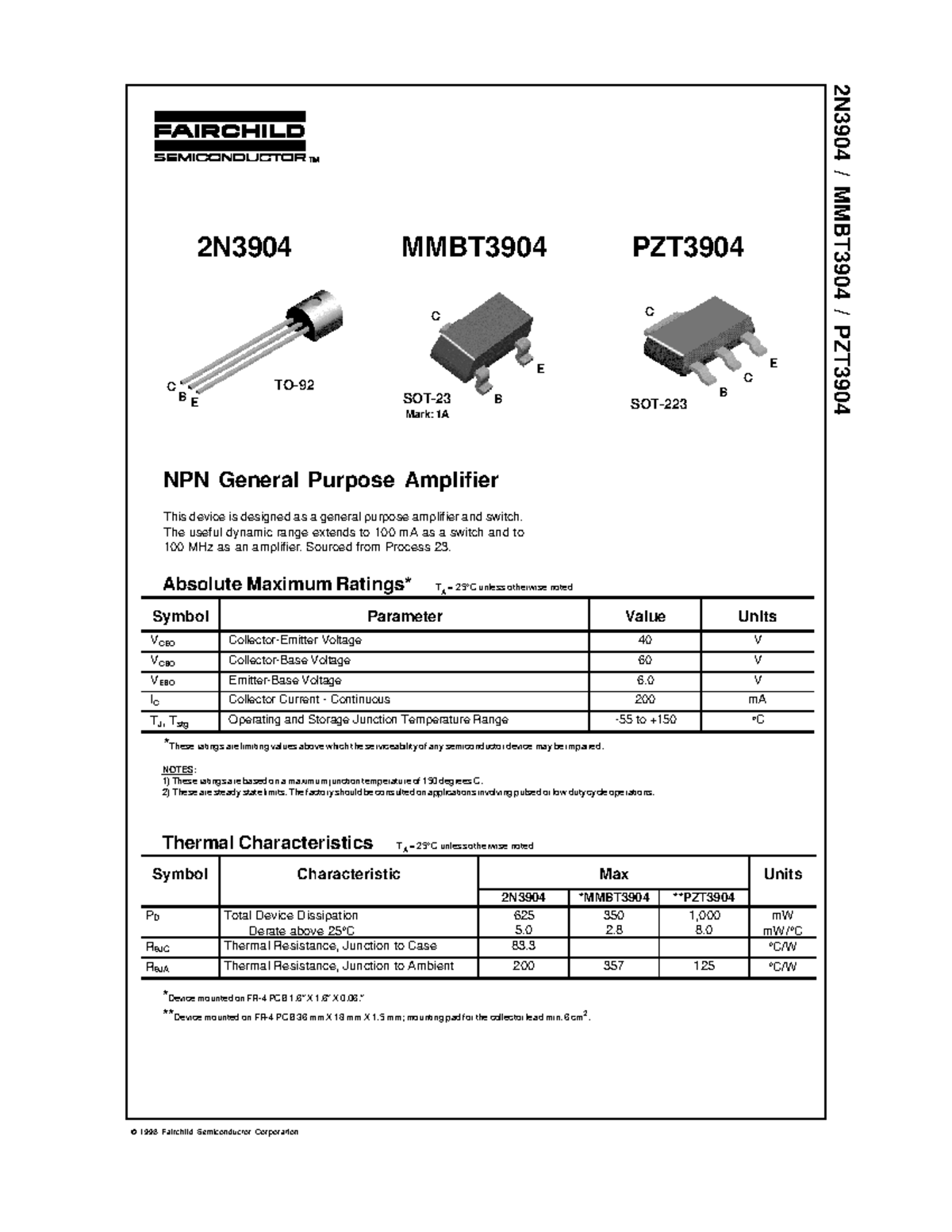 2N3904 MMBT3904 PZT3904 General Purpose Amplifier Datasheet - Studocu