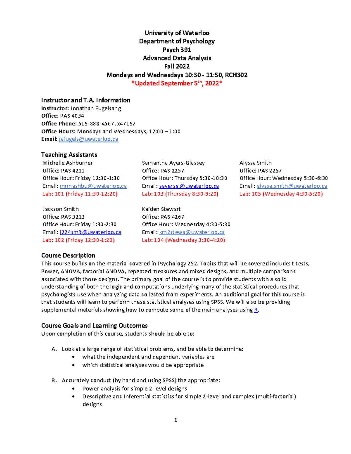 Psych 391 Syllabus: Advanced Data Analysis - Fall 2022 - Studocu