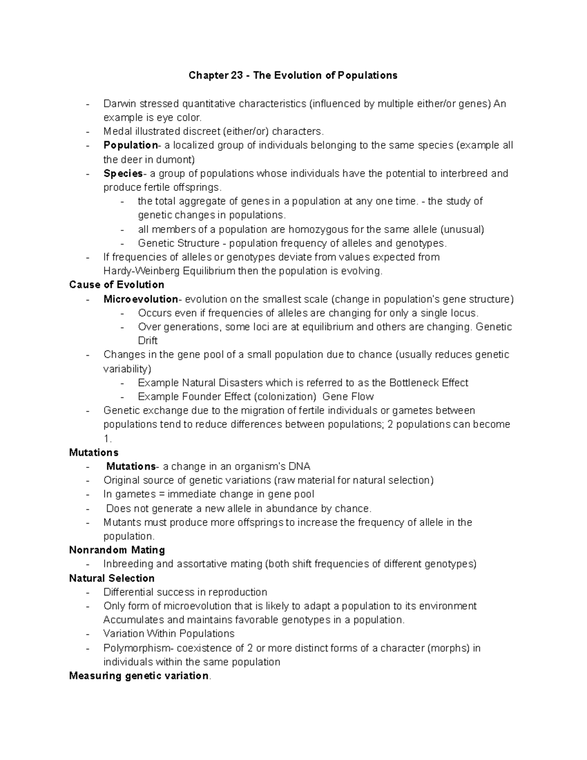 Chapter 23 - Chapter 23 - The Evolution of Populations Darwin stressed ...