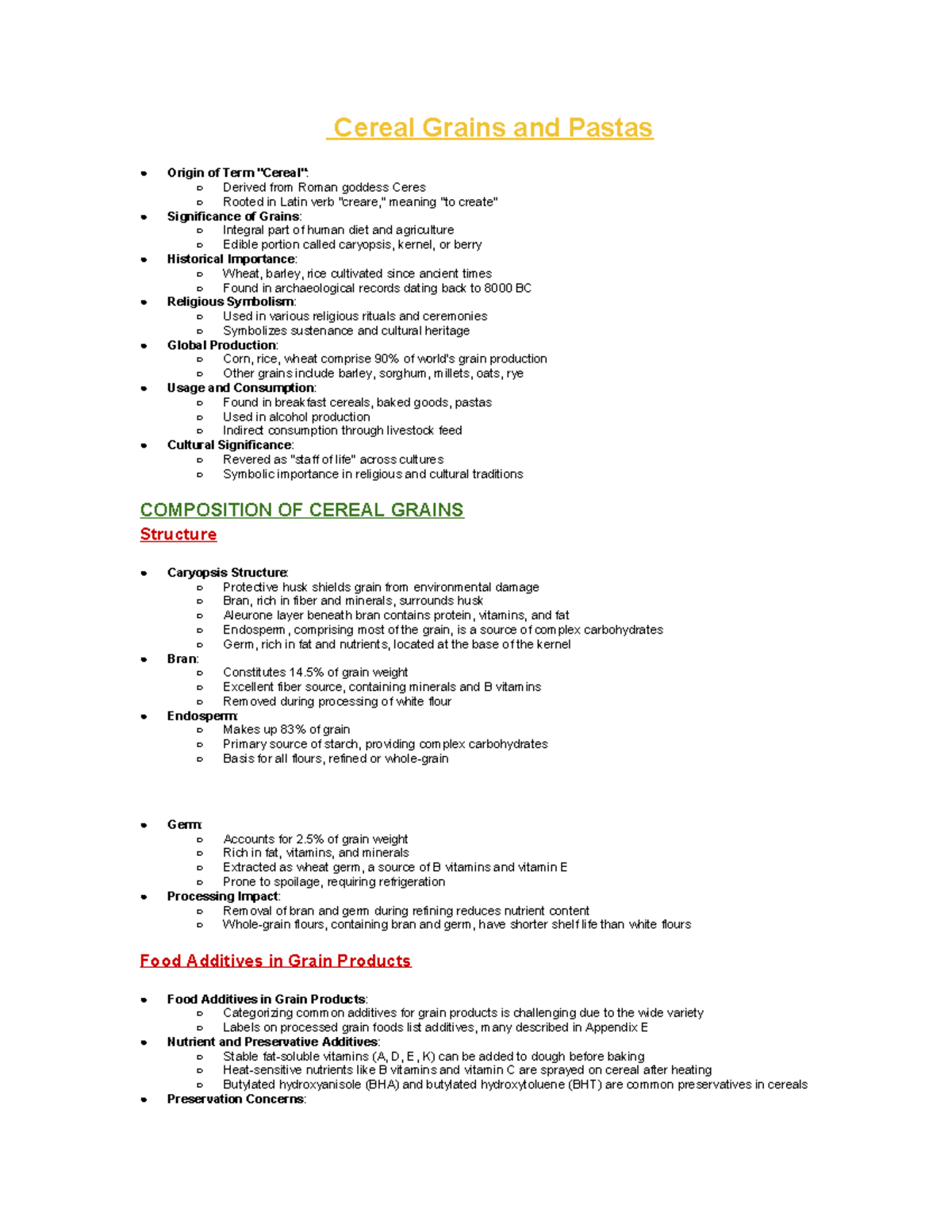 **Chapter 16: Cereal Grains and Pastas Overview and Composition** - Studocu