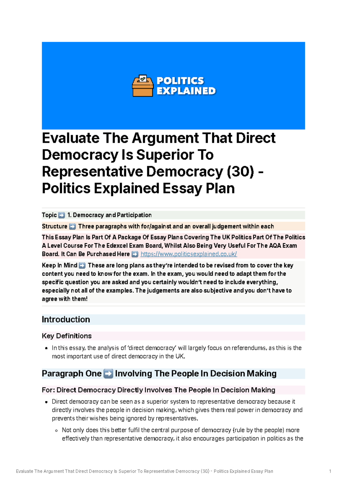 Evaluate the Argument: Direct vs. Representative Democracy (30 ...