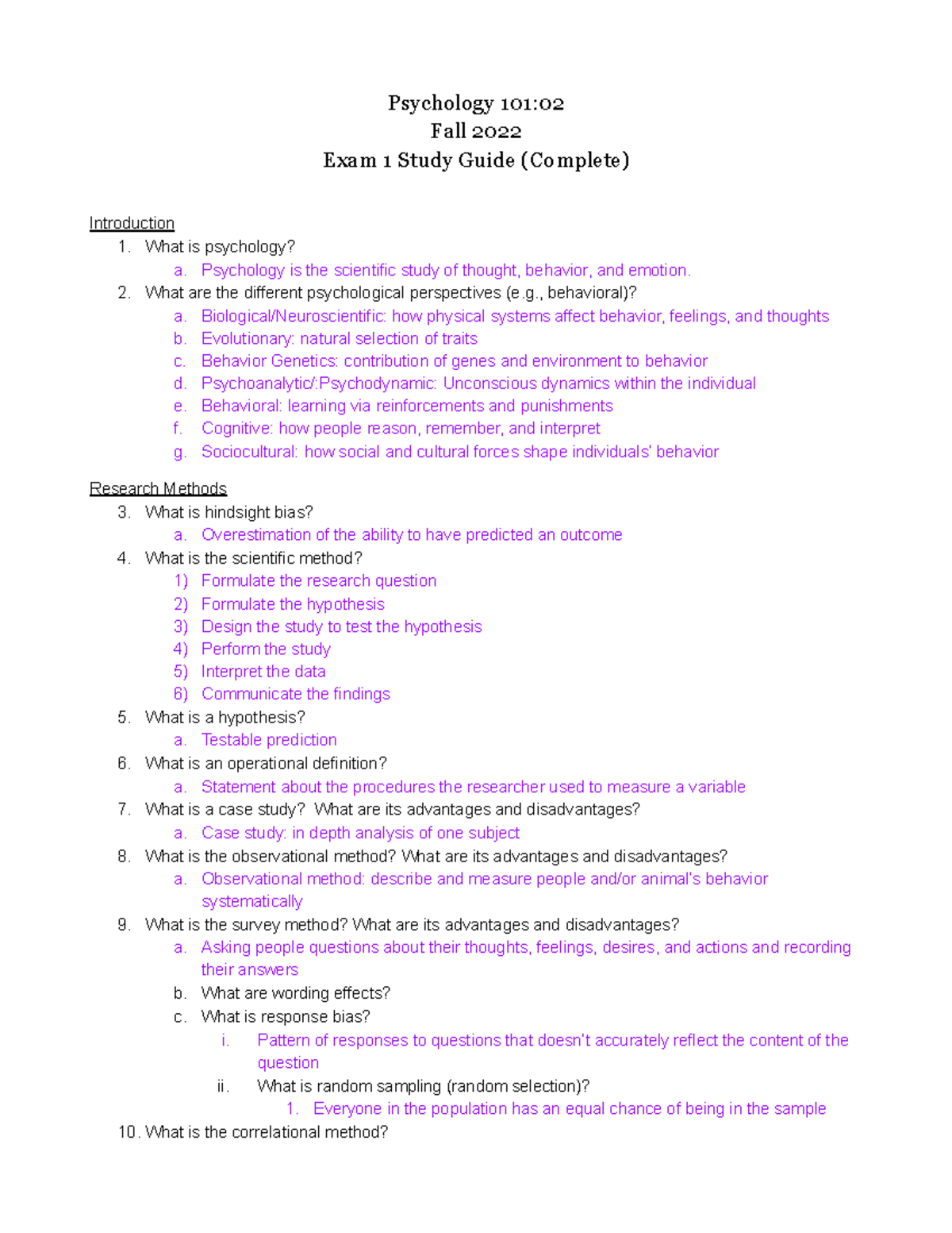 Exam 1 Study Guide - Psychology 101: Fall 2022 Exam 1 Study Guide ...