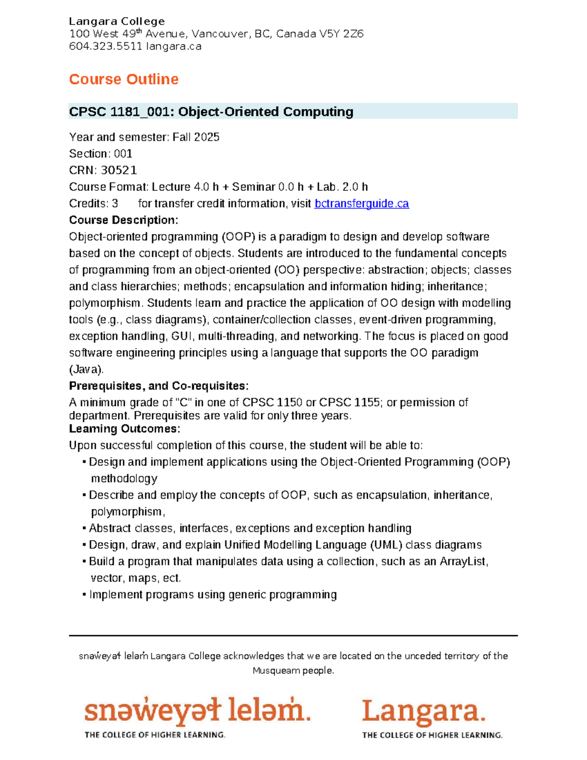 CPSC 1181_001: OOP Programming Course Outline - Fall 2025 - Studocu