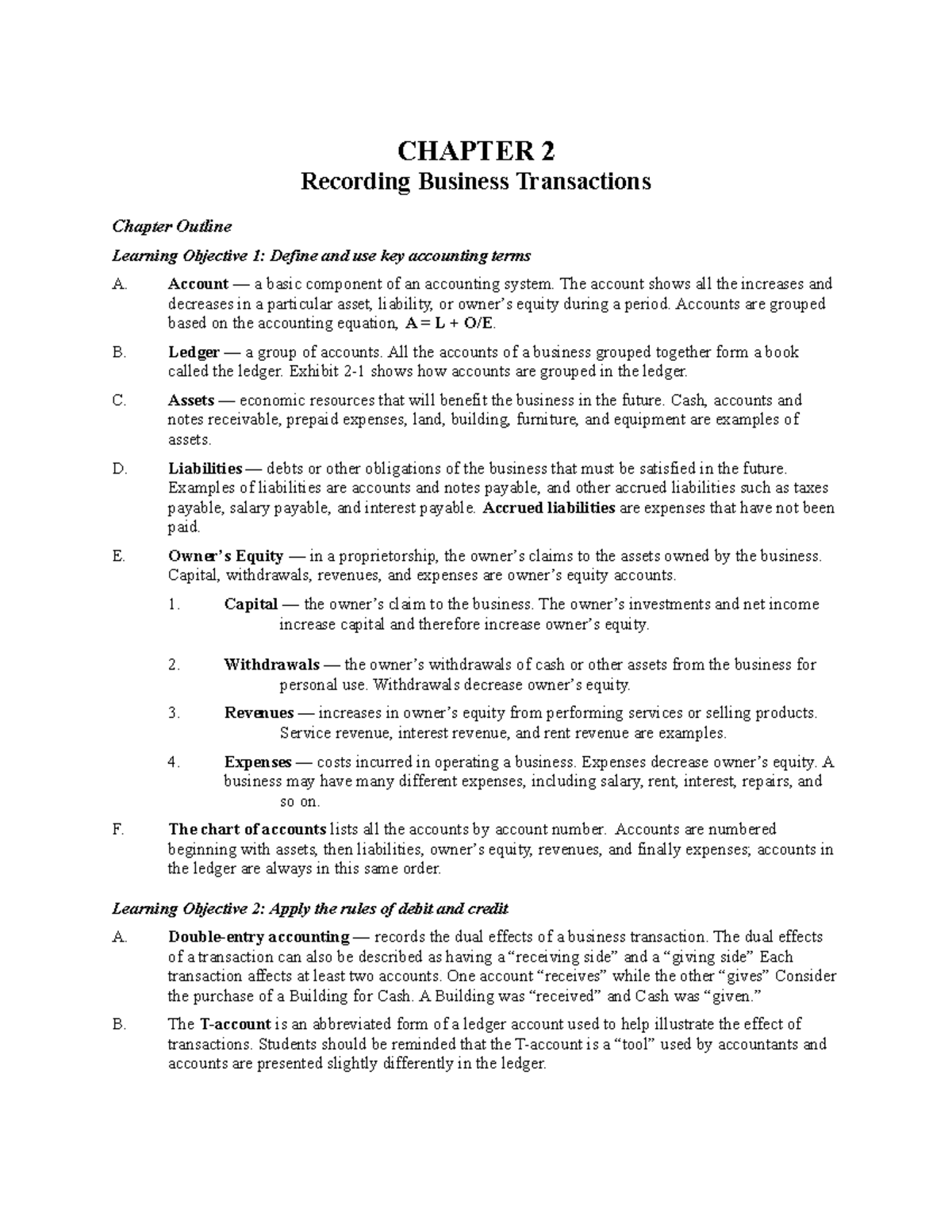 ACC106 Chapter 2 Summary - CHAPTER 2 Recording Business Transactions ...