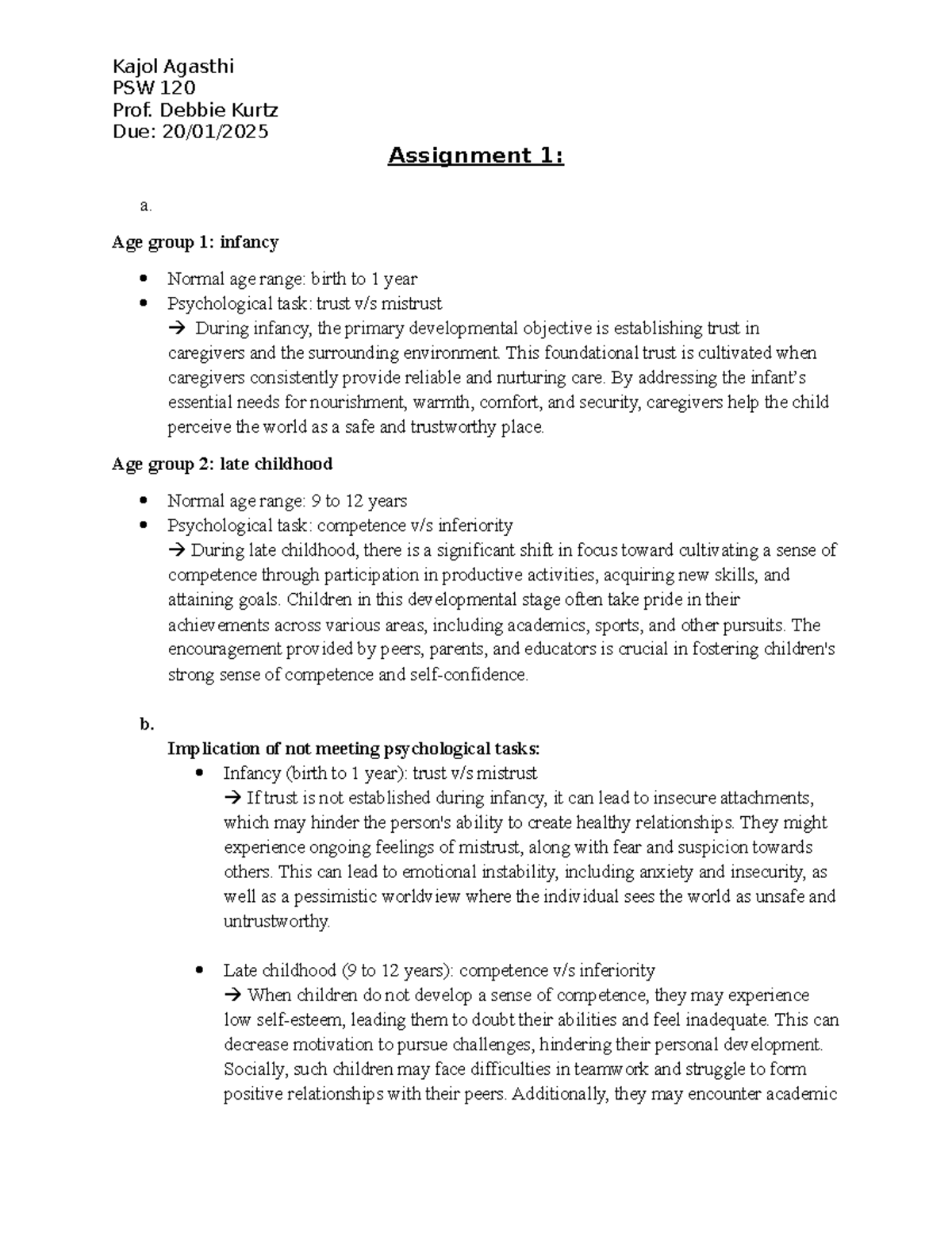 PSW 120 Assignment 1: Developmental Tasks & Implications for Infancy ...