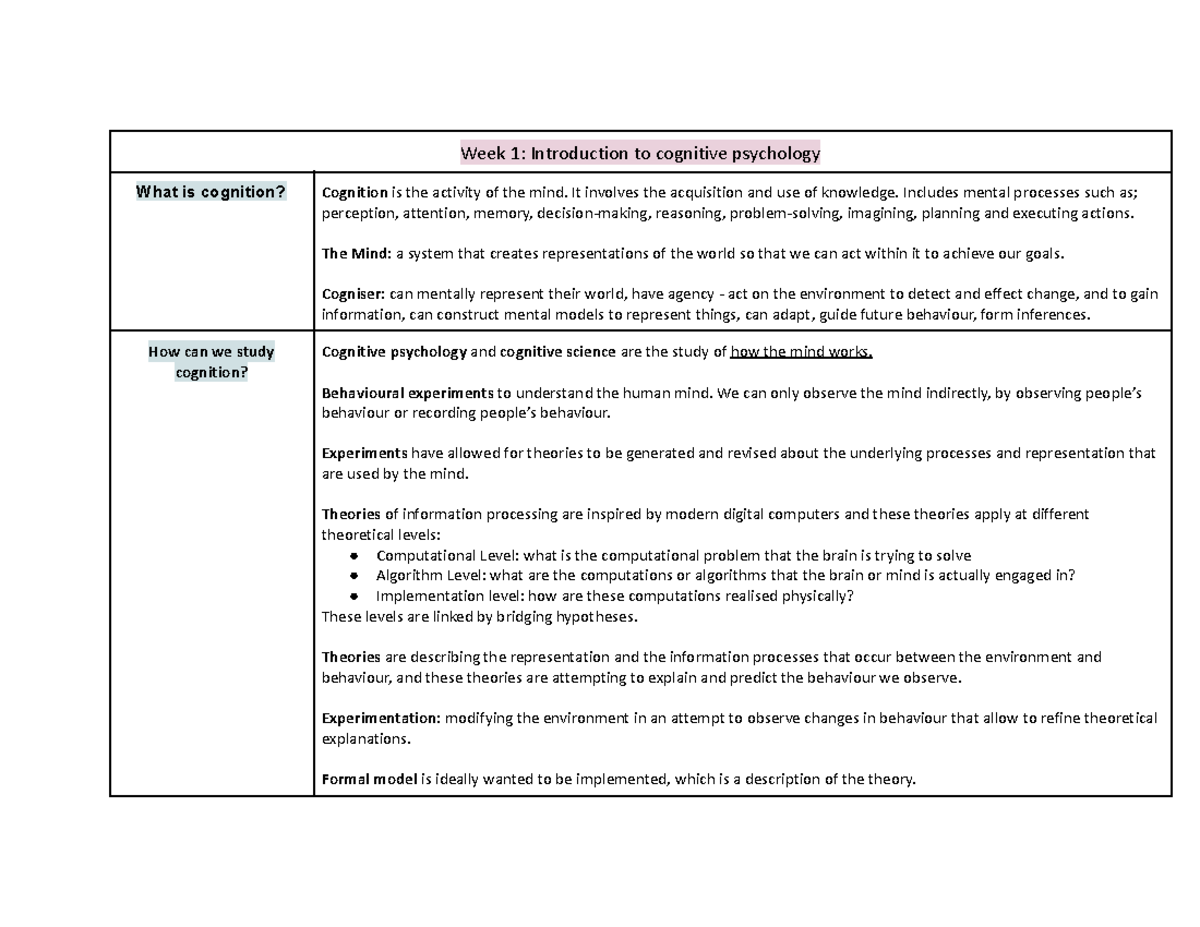 Cog Psy Lecture Notes: Intro to Cognitive Psychology Concepts - Studocu