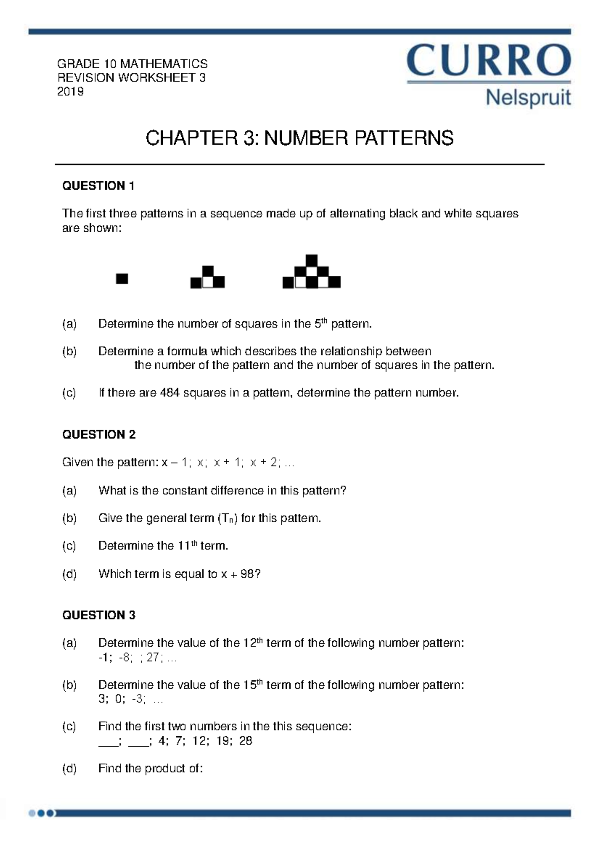 GRADE 10 MATH REVISION WORKSHEET 3: NUMBER PATTERNS - Studocu