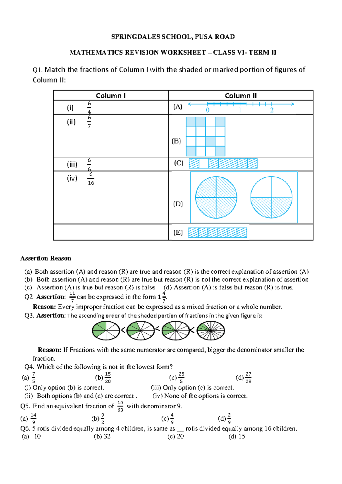 2024 Worksheet: Class VI Math Revision on Fractions (Ch 7) - Studocu