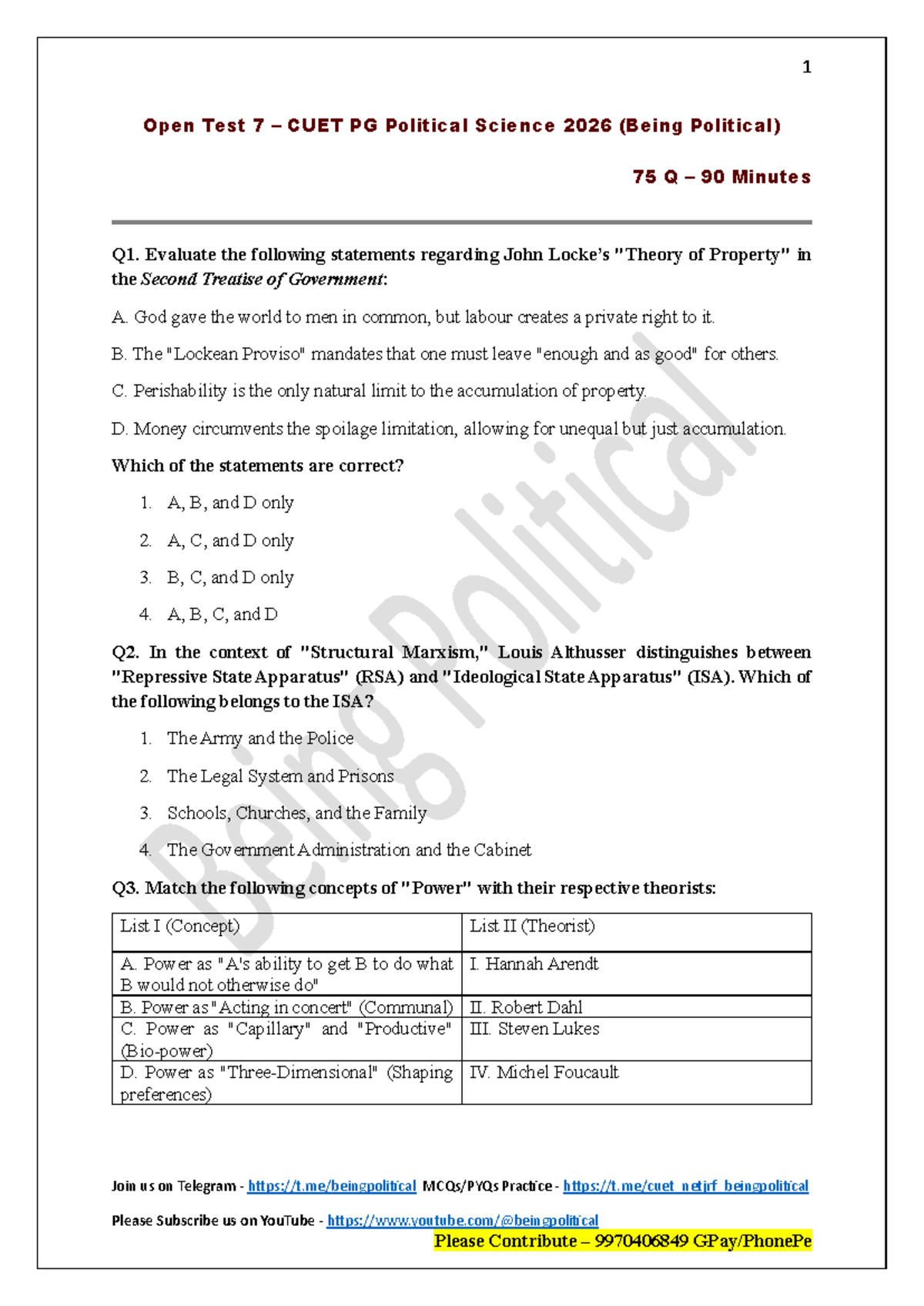Test 7 CUET PG Political Science 2026: Being Political Exam Questions ...