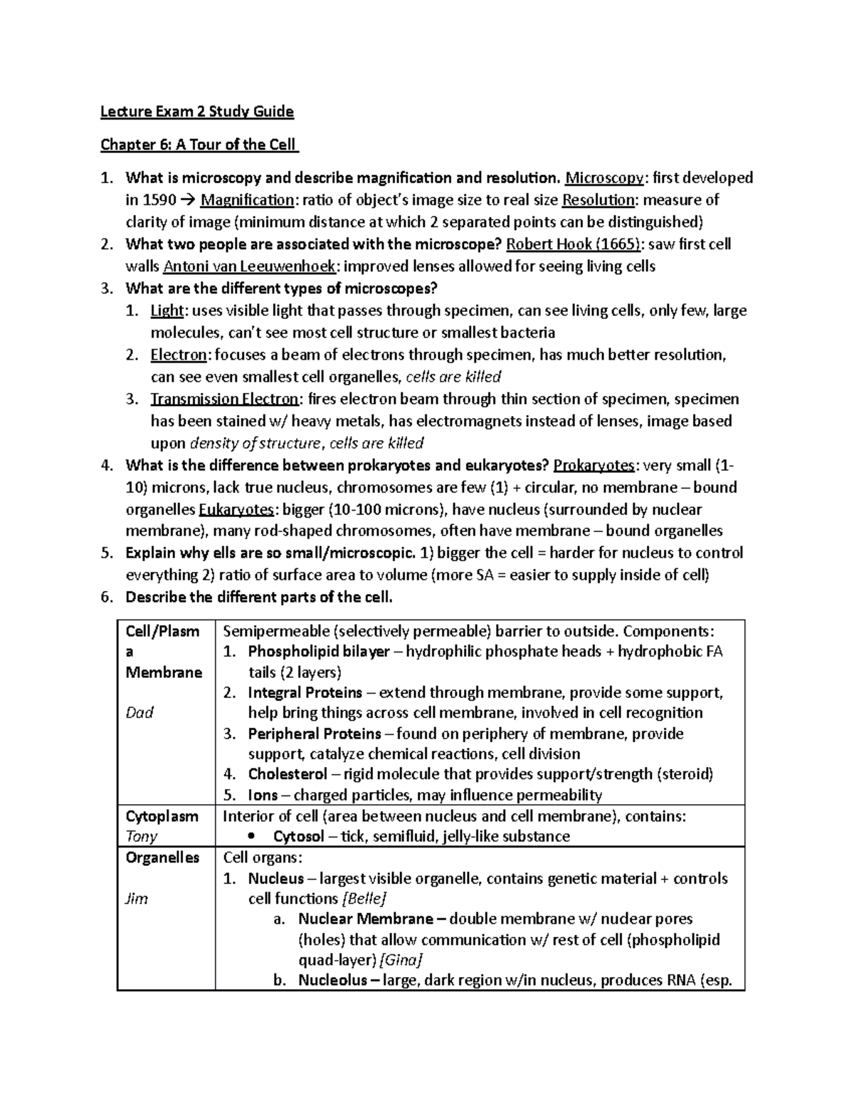 Biology 101 Lecture Exam 2 Study Guide: Cell Structure & Metabolism ...