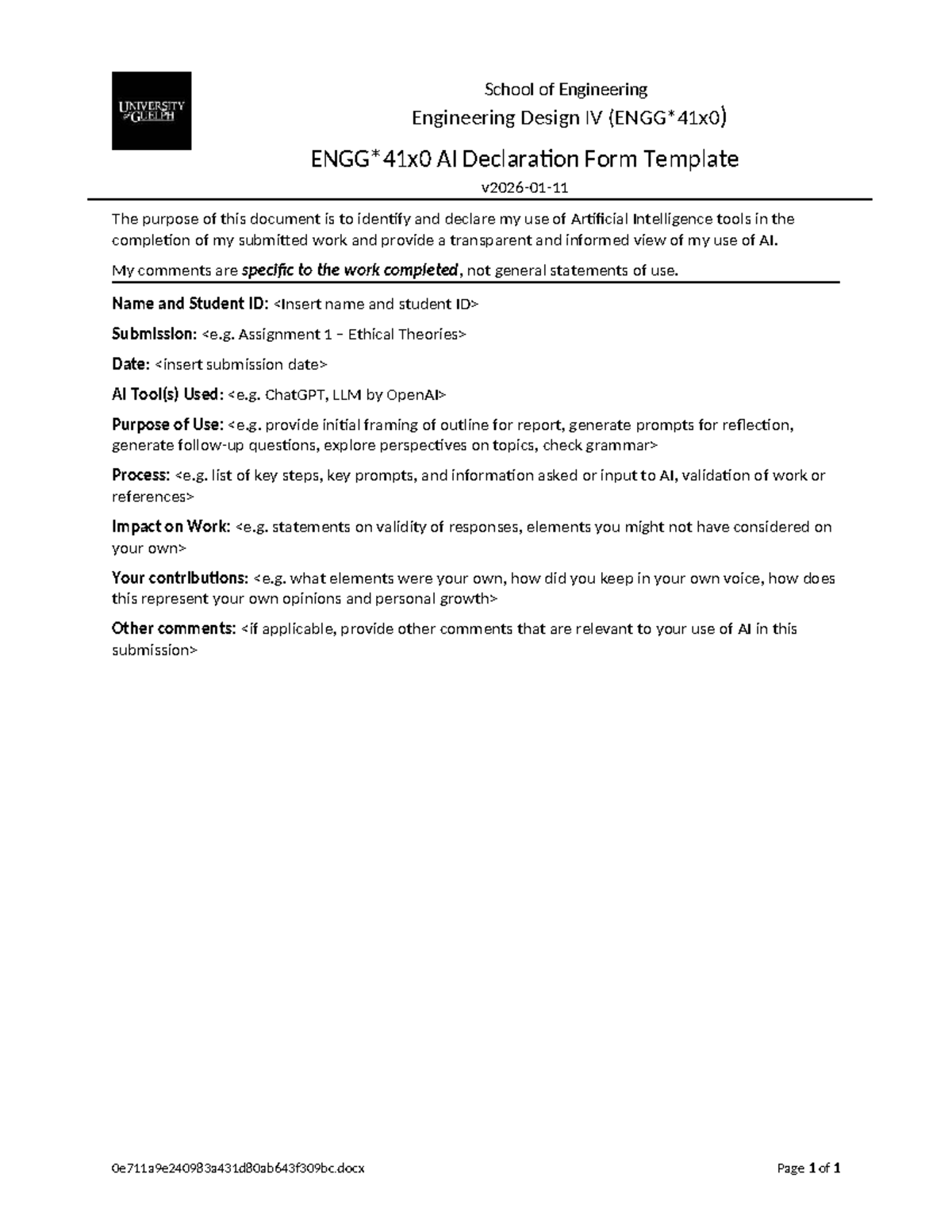 W26 ENGG41x0 - AI Declaration Form for Engineering Design IV - Studocu