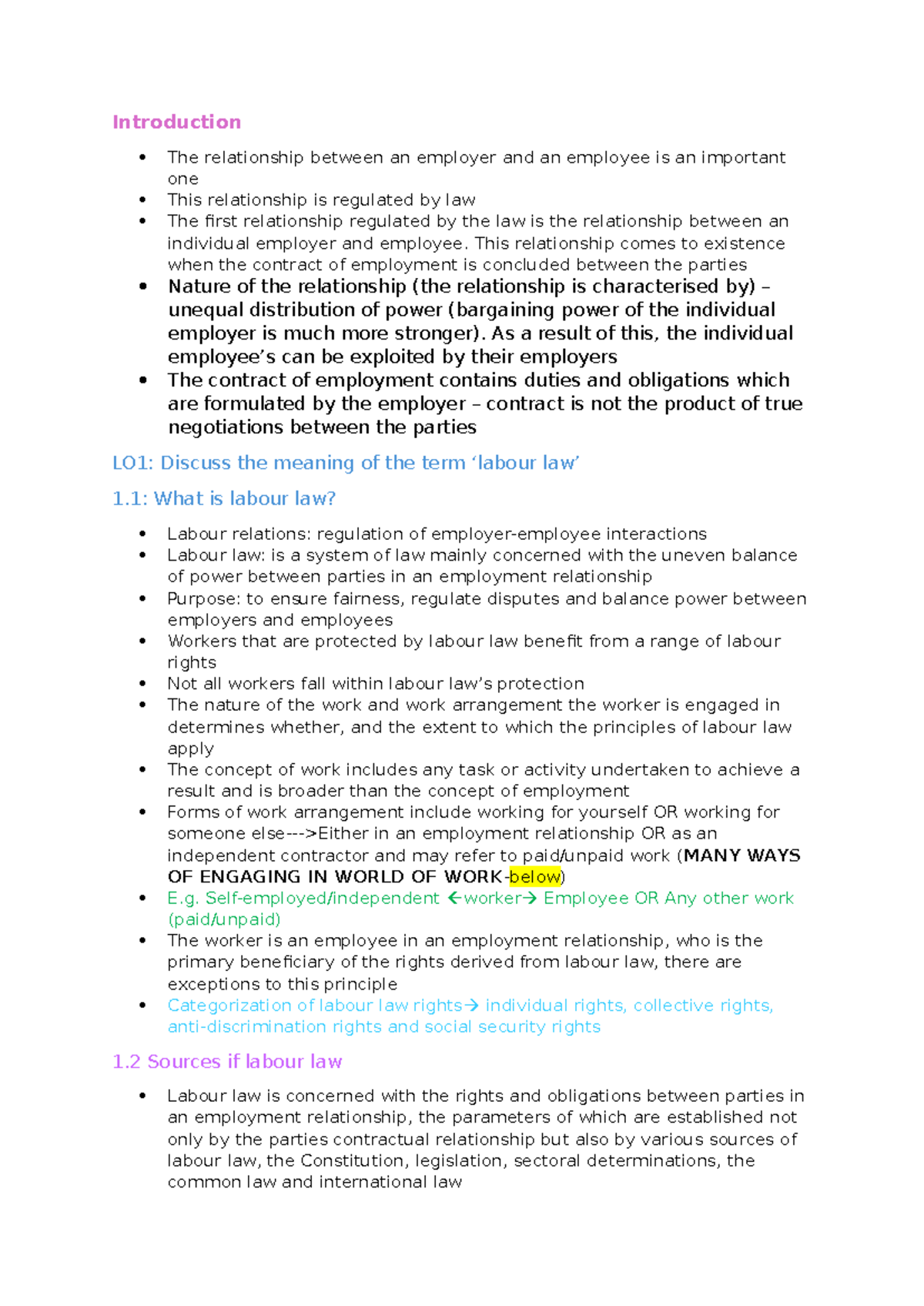 Labour Law Overview: Key Concepts and Applications (Course Code: TEST 1 ...