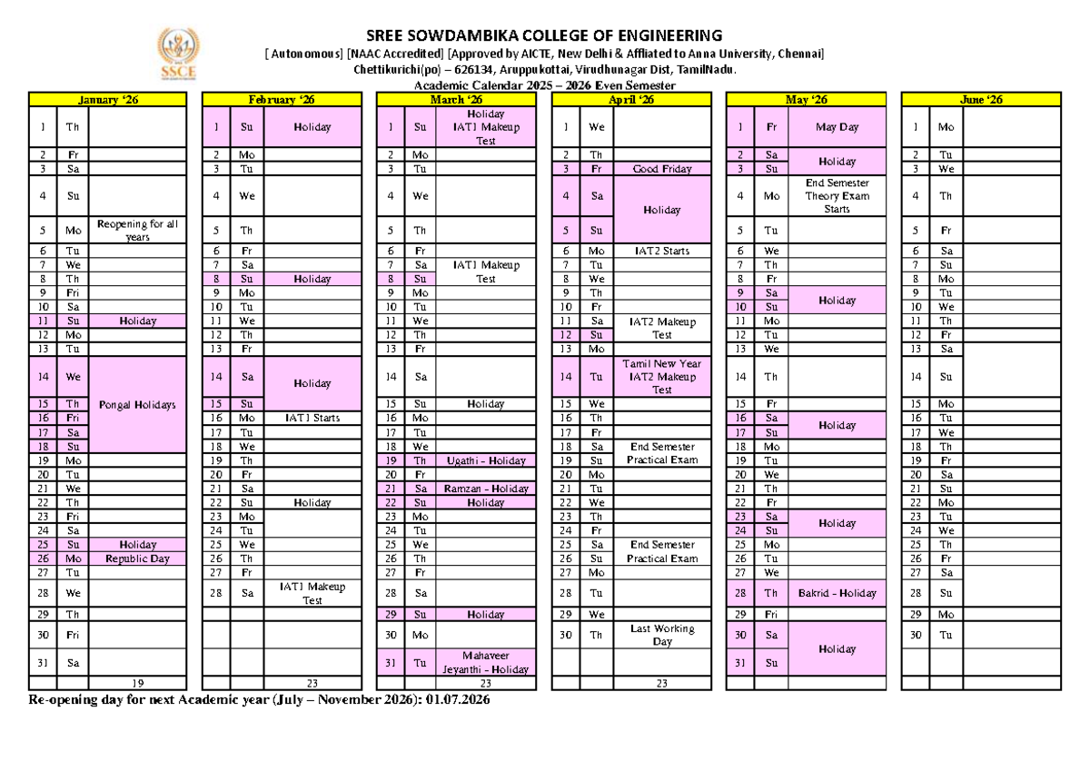 Academic Calendar 2025-26: Even Semester Schedule - Studocu