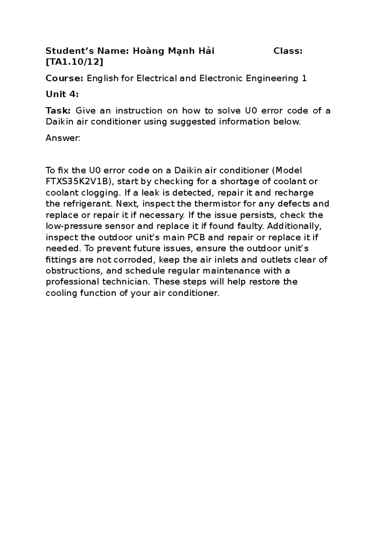 U1: Instructions for Resolving U0 Error Code on Daikin AC - Studocu