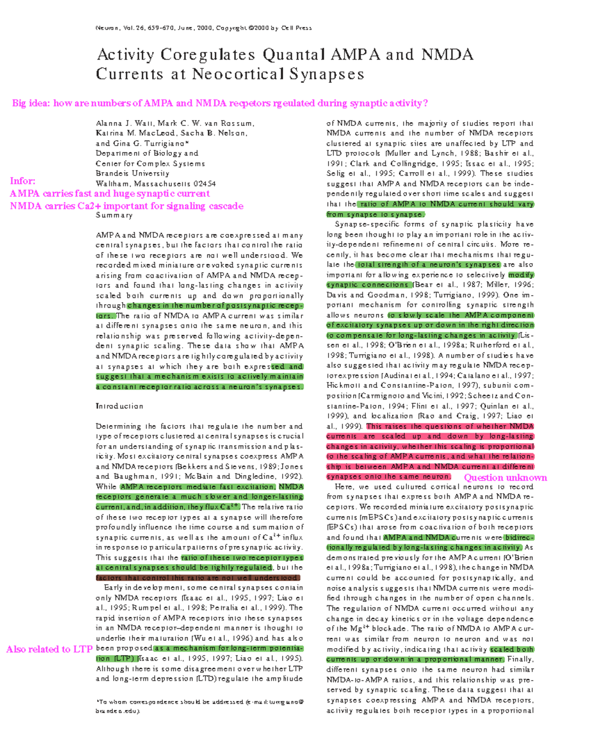 Coregulation of AMPA and NMDA Receptors in Neocortical Synapses (Bio 3 ...