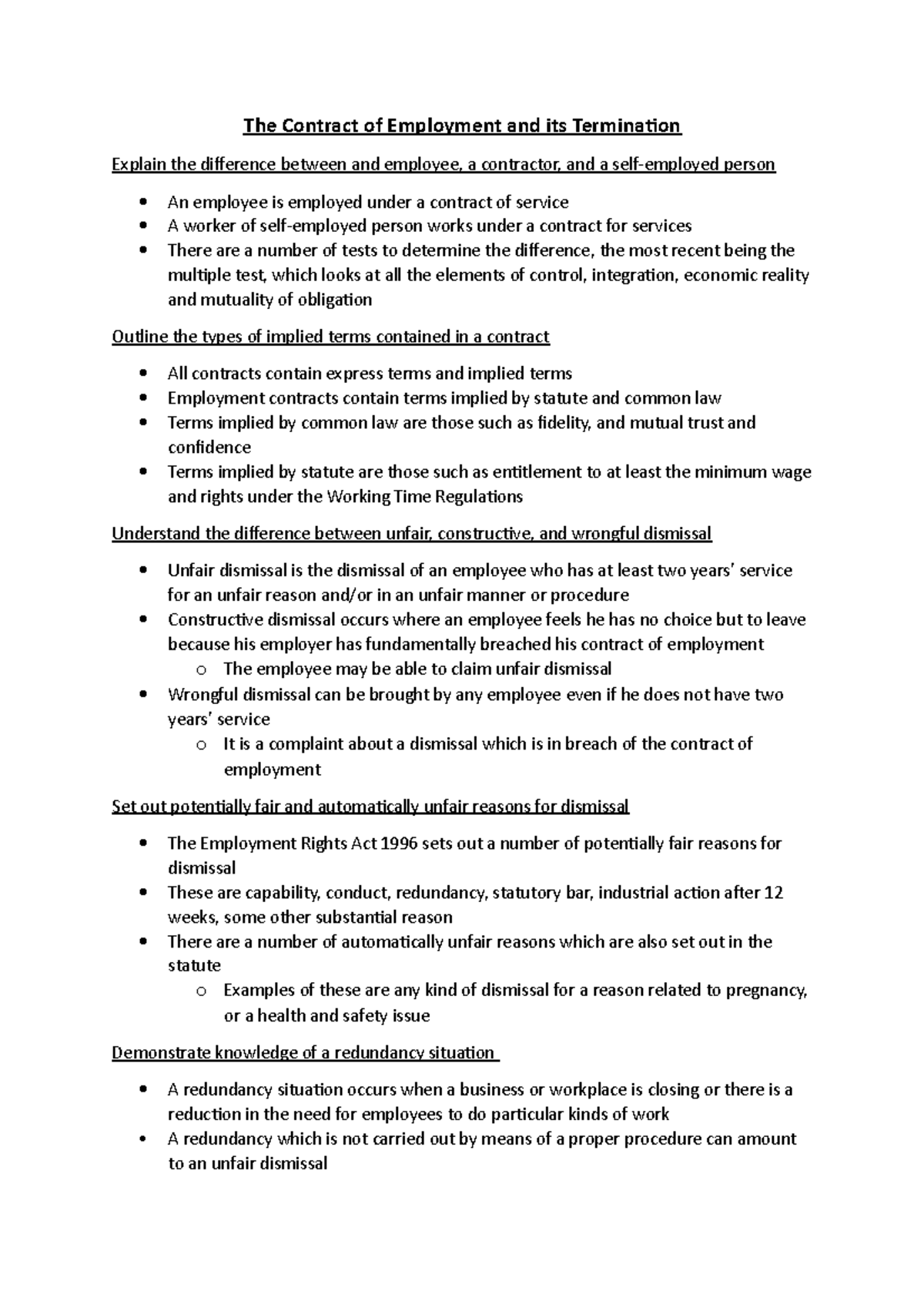 The Contract of Employment and its Termination - Studocu