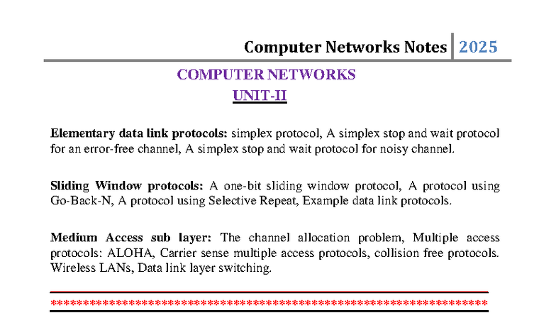 Computer Networks Notes 2025: Data Link Protocols & Medium Access - Studocu