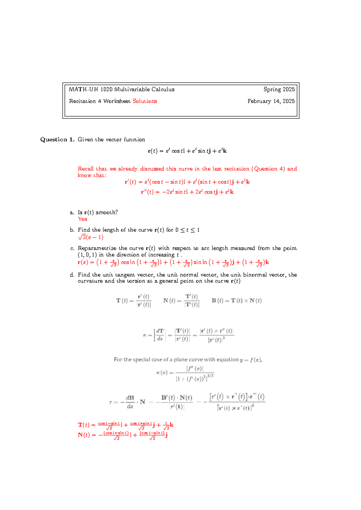 1020 Multivariable Calculus Recitation 4 Worksheet Solutions - Studocu